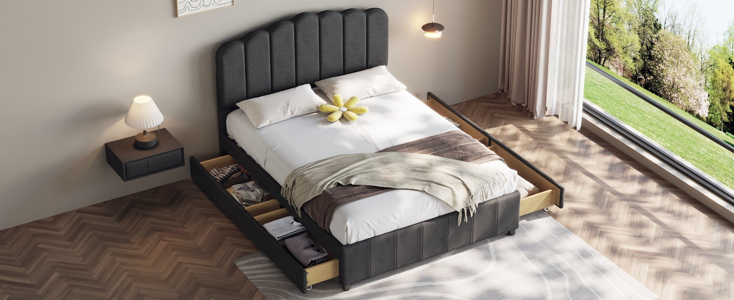 Full Size Upholstered Bed With 4 Storage Drawers,Wood Slat Support, Gray Full Gray Upholstered