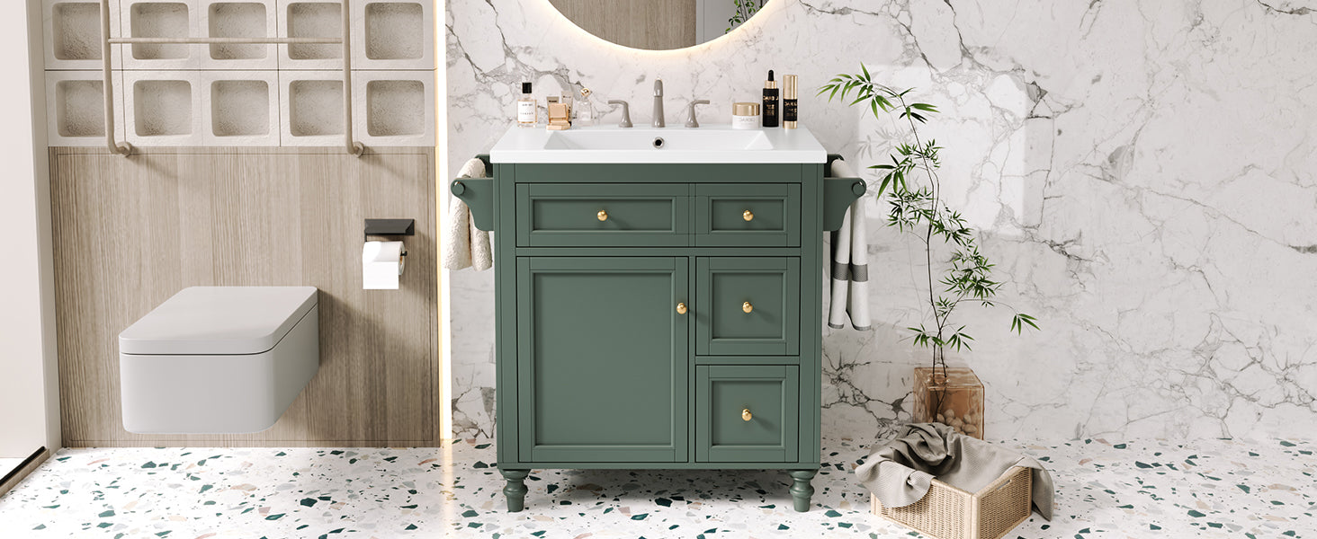 30'' Bathroom Vanity With Top Sink, Modern Bathroom Storage Cabinet With 2 Drawers And A Tip Out Drawer, Single Sink Bathroom Vanity Same As N710S130001F Green Bathroom Modern Solid Wood Mdf Resin