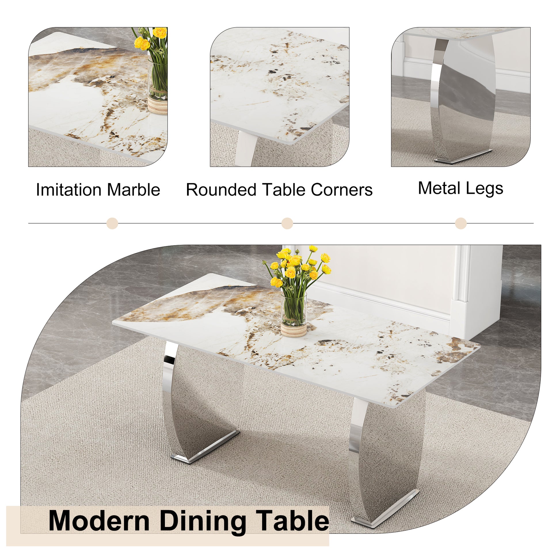 Modern Rectangular Dining Table, Imitation Marbled Rock Plate Table Top, Stainless Steel Table Legs, Suitable For Kitchen, Dining Room, Living Room 63 Inches * 31.4 Inches. Silver Sintered Stone