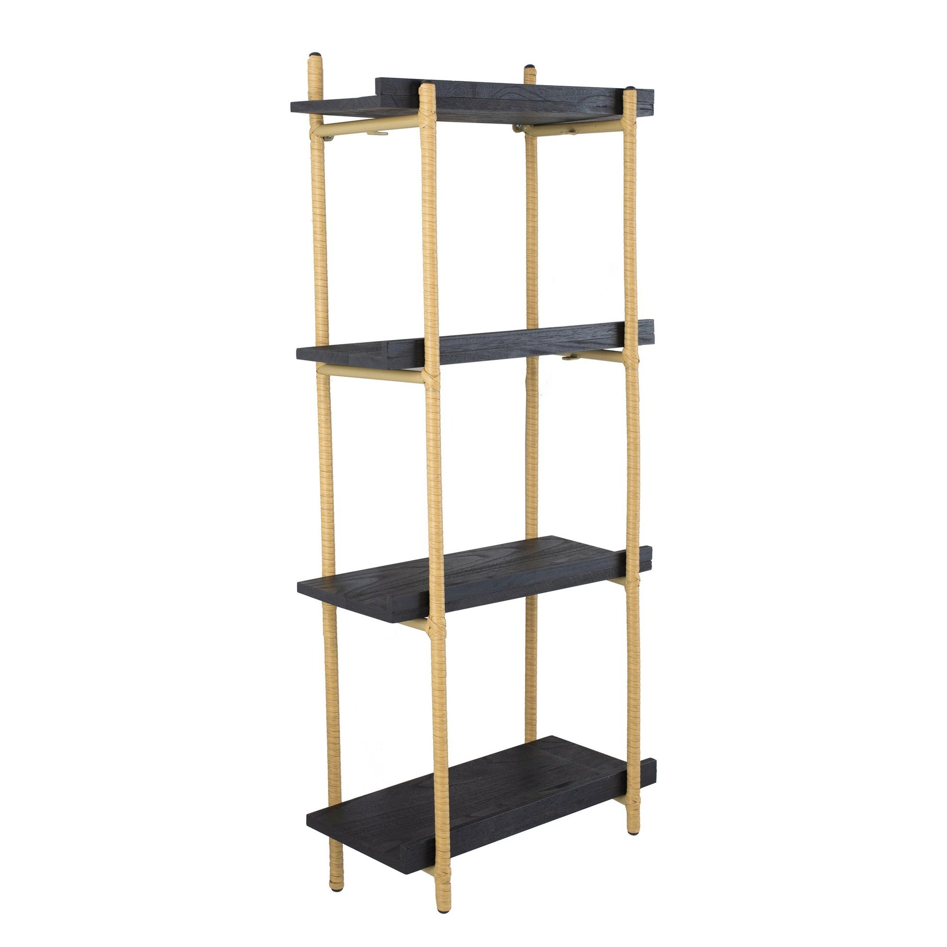 44 Inch Modern Wood Four Tier Shelf, Natural Rattan Braiding, Gold, Black Black Wood Metal