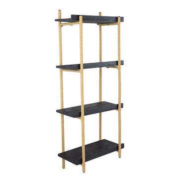 44 Inch Modern Wood Four Tier Shelf, Natural Rattan Braiding, Gold, Black Black Wood Metal