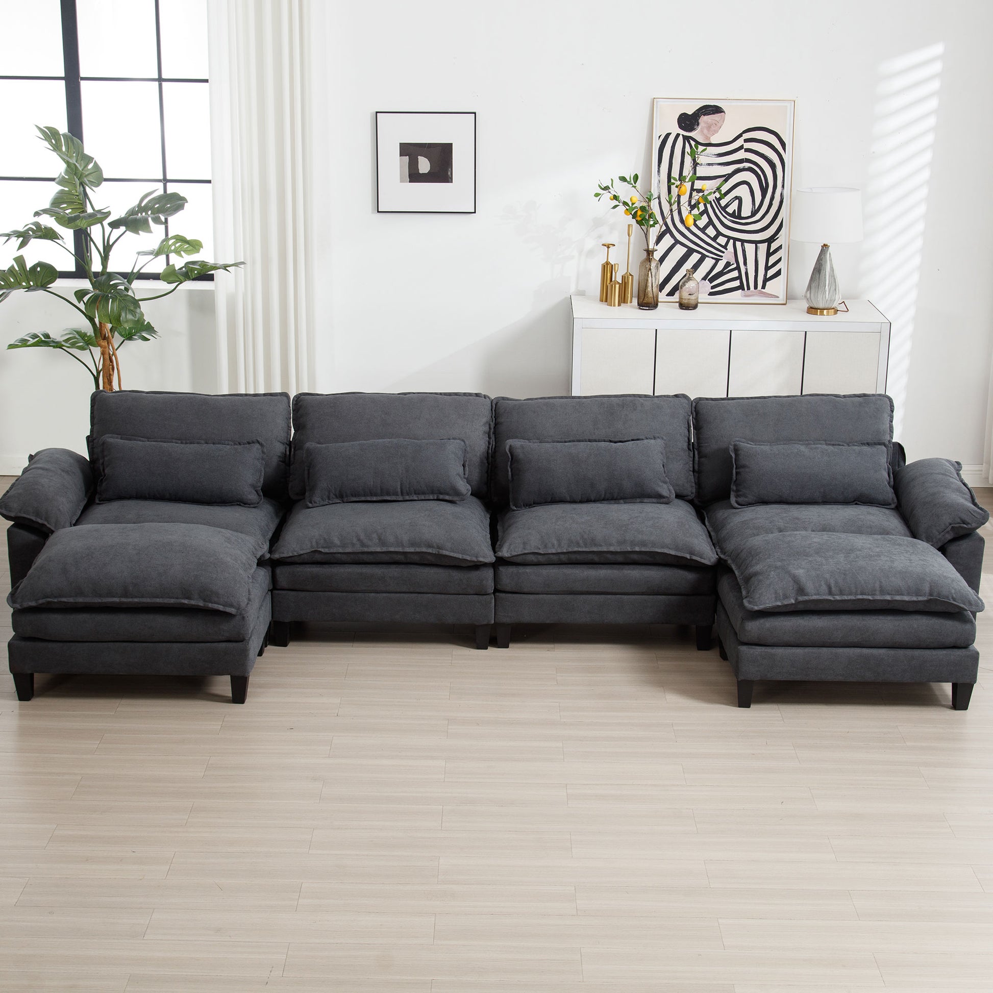 154.8" Oversized Modular Sofaice Velvet Large U Shaped Couch Comfy Upholstered 4 Seat Sofa With 2 Ottoman, 4 Lumbar Pillow, Deep Seat Couch For Living Room Dark Gray Primary Living Space Modern Foam Polyester 6 Seat