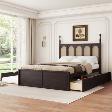 Queen Size Rattan Platform Bed With With 2 Big Drawers, T Size Trundle, Espresso Queen Espresso Plywood