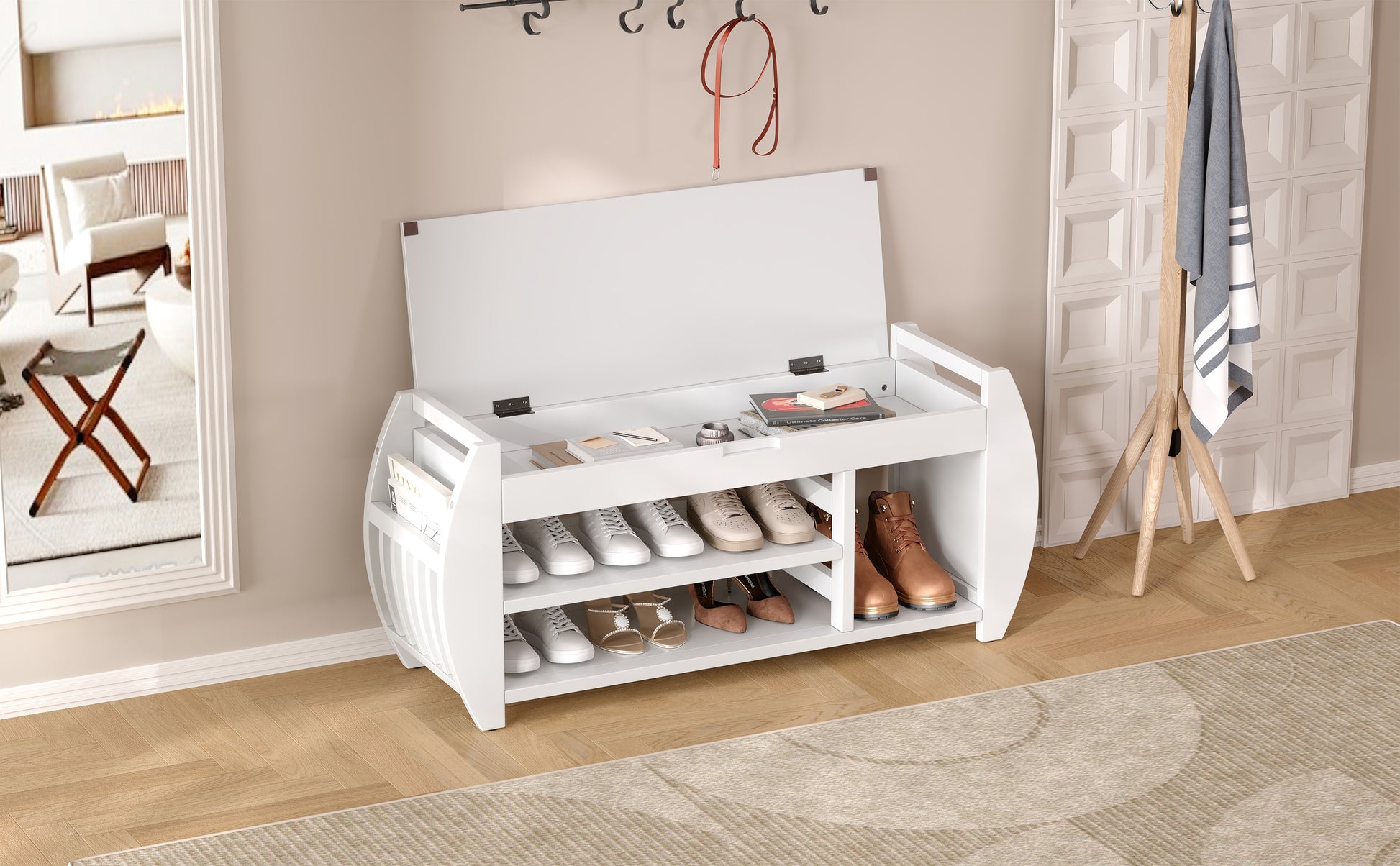 Retro Multifunctional Storage Bench With Cushion And Curved Side Panel For Entrance And Living Room Antique White Antique White Mdf
