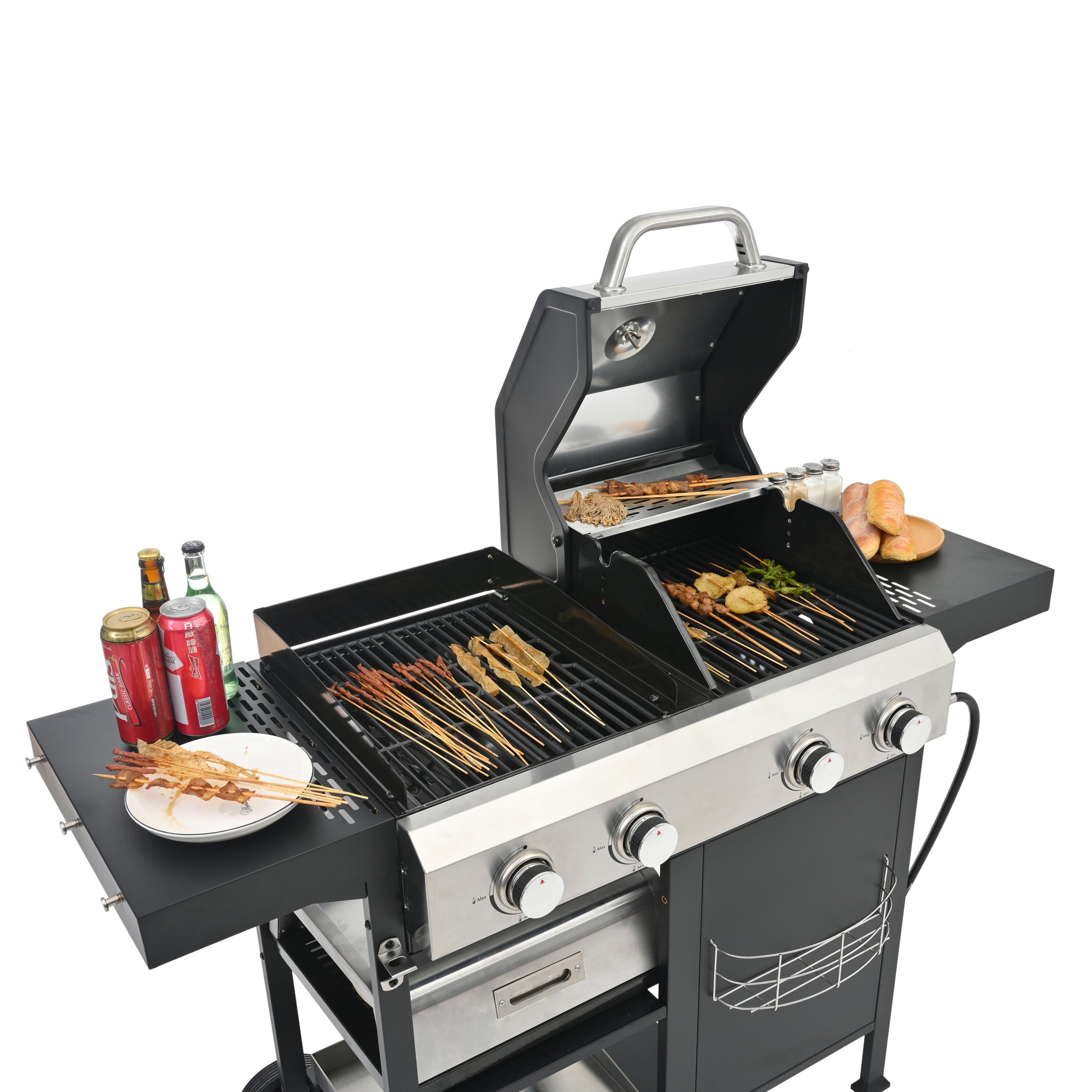 2 2 Multi Function Burner Gas Grill And Griddle Combo With Cover For Outdoor Cooking While Camping Or Tailgating Bbq,Frying,Pizza. Black And Silver Stainless Steel