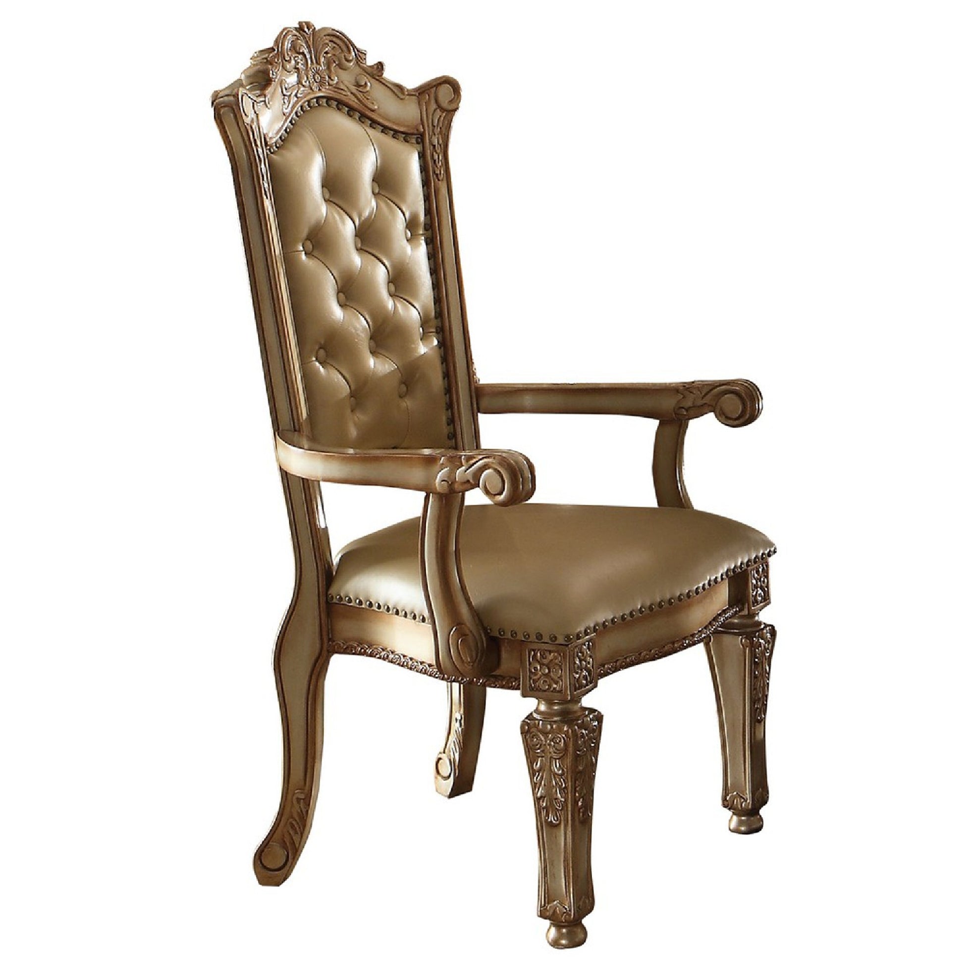 27 Inch Wood Dining Side Chair, Faux Leather, Set Of 2, Gold Gold Wood Fabric