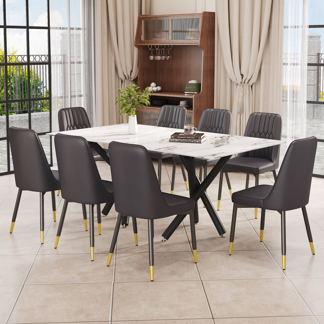 1 Table And 8 Chairs. A Rectangular Dining Table With A White Imitation Marble Tabletop And Black Metal Legs. Paired With 8 Chairs, Equipped With Pu Leather Seat Cushions And Black Metal Legs. F 1538 Black Glass Metal