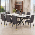 1 Table And 8 Chairs. A Rectangular Dining Table With A White Imitation Marble Tabletop And Black Metal Legs. Paired With 8 Chairs, Equipped With Pu Leather Seat Cushions And Black Metal Legs. F 1538 Black Glass Metal