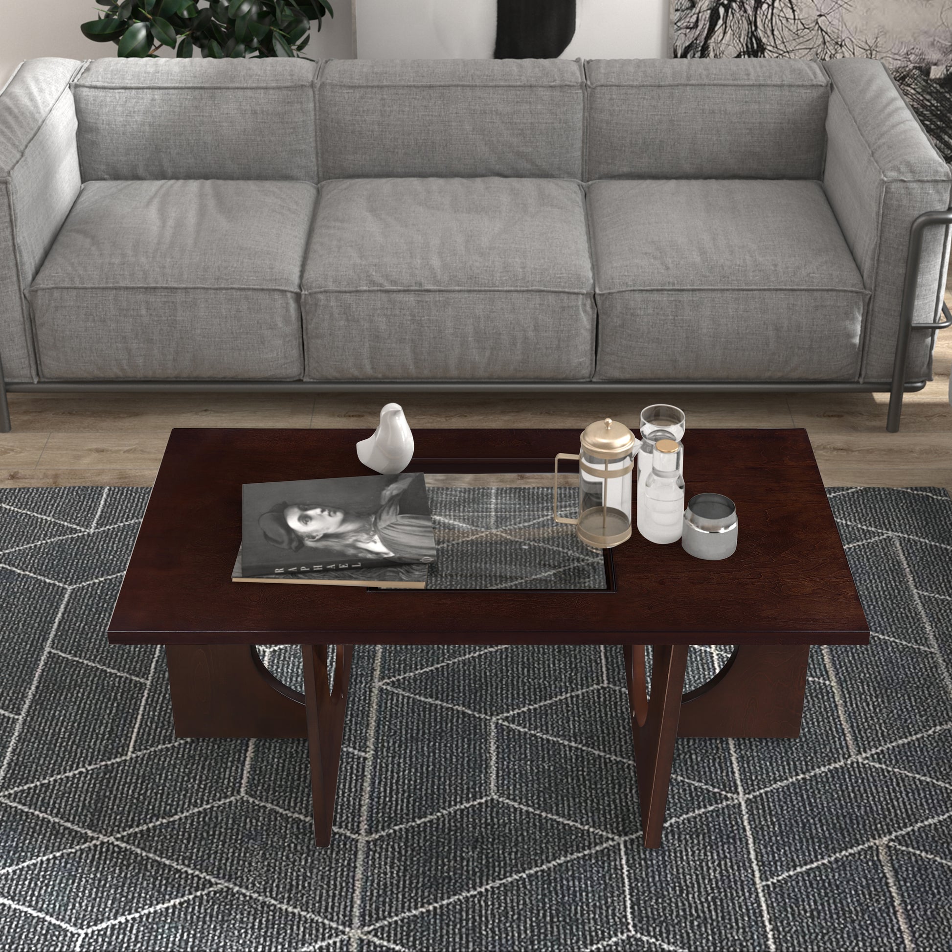 47" Contemporary Wood Rectangular Coffee Table With Clear Tempered Glass Top, Light Espresso Light Espresso Mdf Glass