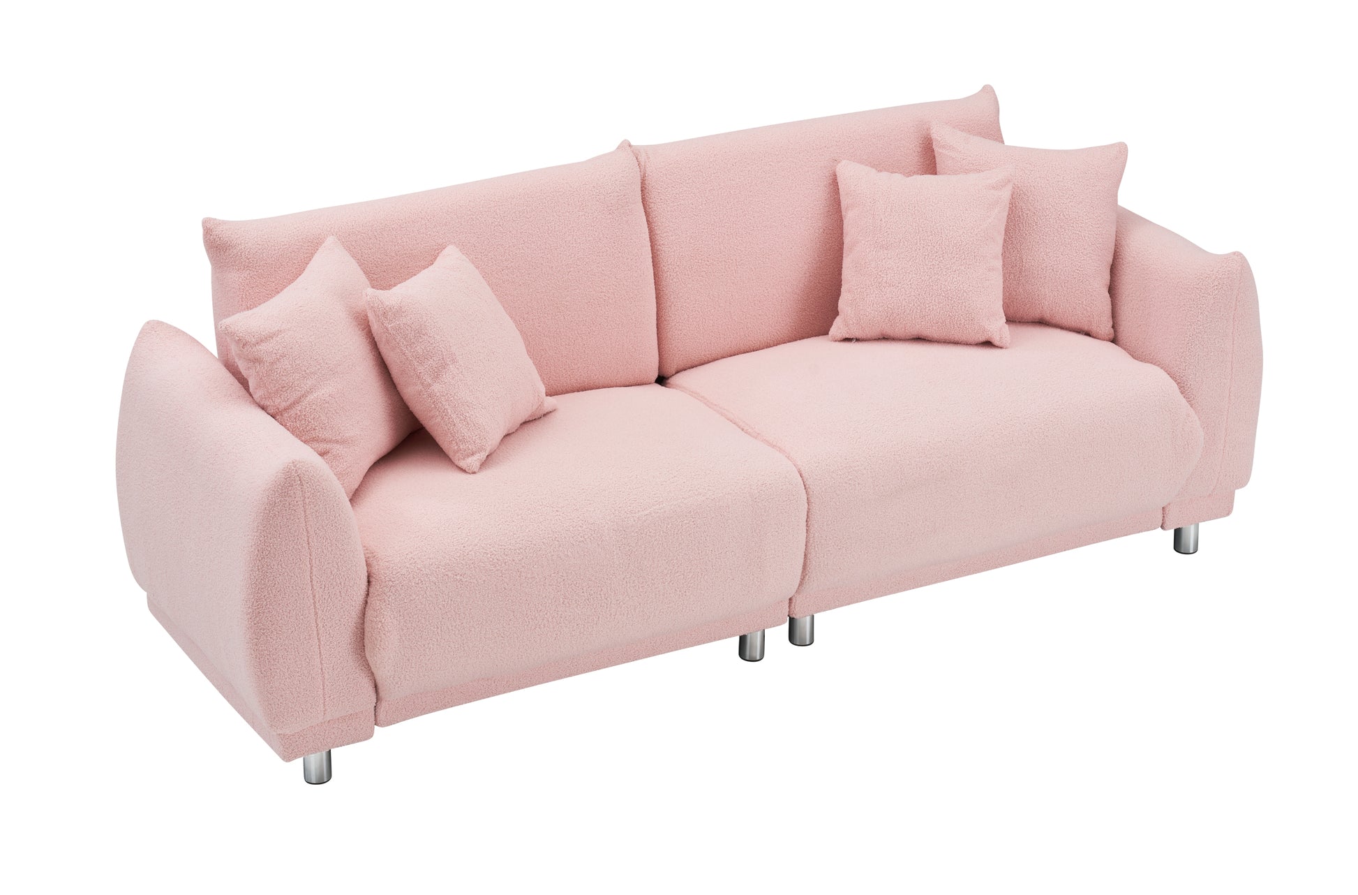 The 86.6 Inch Teddy Fleece Pink Sofa With Four Throw Pillows And Hardware Feet Can Sit Comfortably In An Apartment Bedroom Without Taking Up Space Pink Fabric 2 Seat