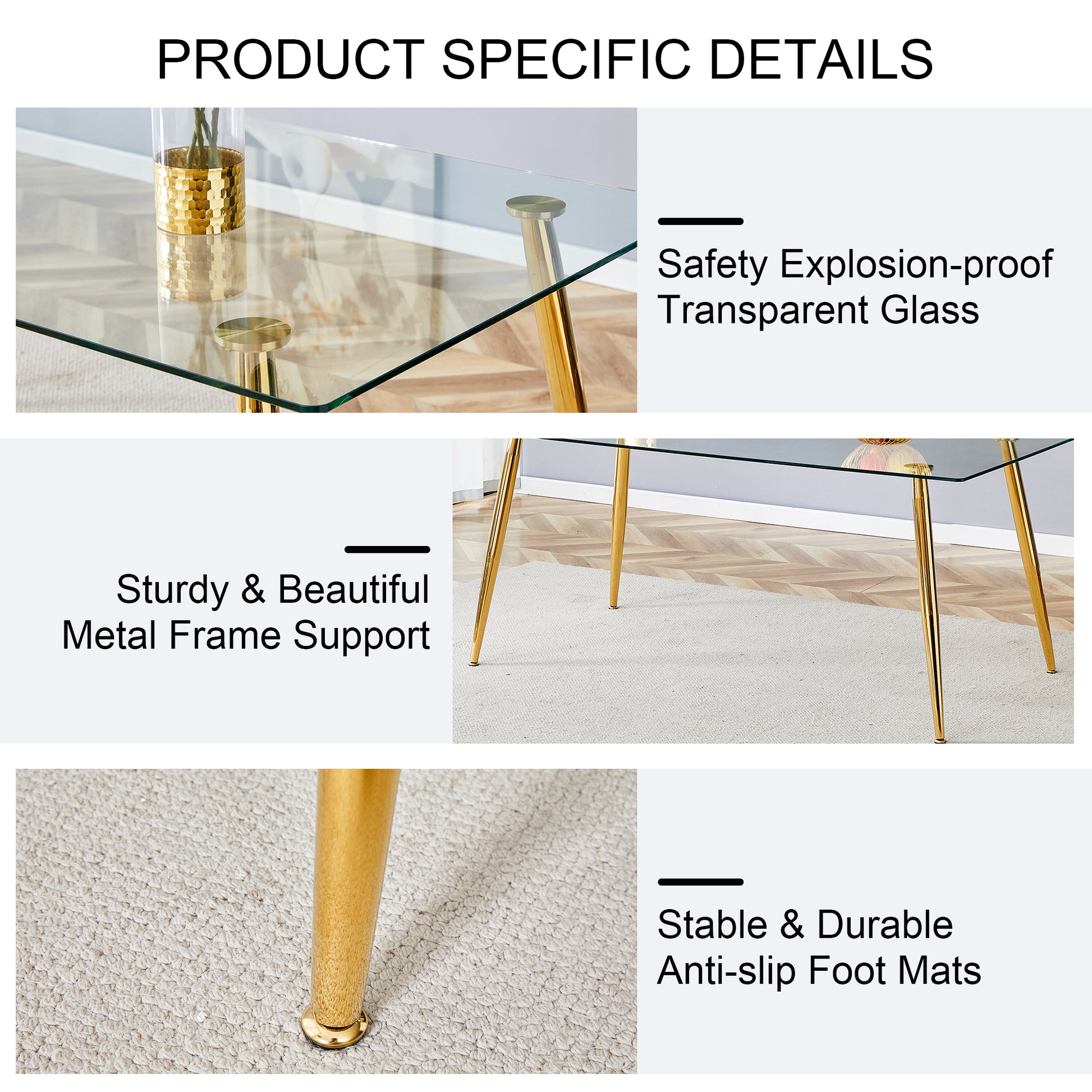 Table And Chair Set.Modern Rectangular Glass Dining Table With A Tempered Glass Tabletop And Metal Legs, Paired With Multiple Chairs Designed With Pu Cushions And Golden Metal Legs. Black Gold Seats 8 Tempered Glass