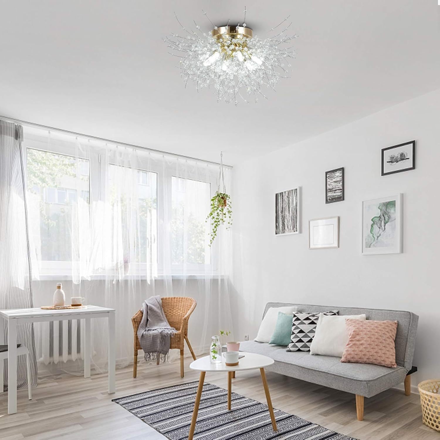 Flush Mount Ceiling Lights, Modern Gold Crystal Sputnik Firework Close To Ceiling Lamp Led Ceiling Lighting Fixtures For Bedroom Kitchen Island Hallway Entryway Porch Gazebo Golden Crystal