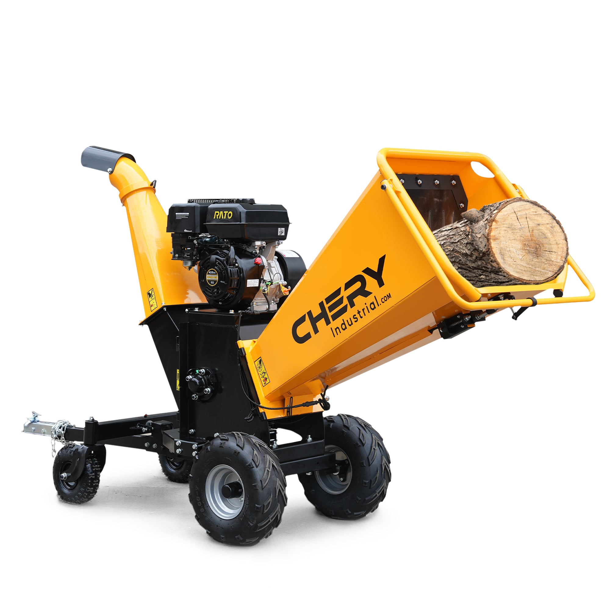 6'' Inch 420Cc 15Hp Pull Start Gas Powered 4 Wheels Wood Chipper Shredder Mulcher With Towbar Stop Bar Yellow Steel Steel