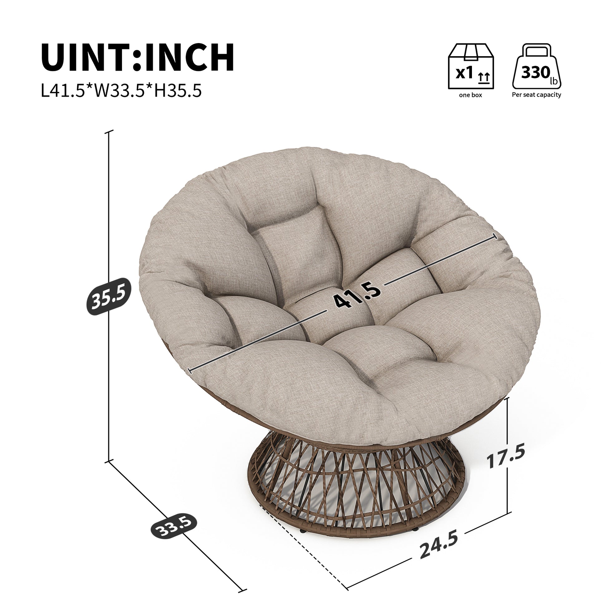 41.5" Ergonomic Wicker Chair With Cloud Thick Density Fabric Cushion,3 Proof Cover,High Capacity Iron Frame,Fluid 360 Degree Swivel For Reading,Living Room, Bedroom,Lounge,Brown Base,2 Colors