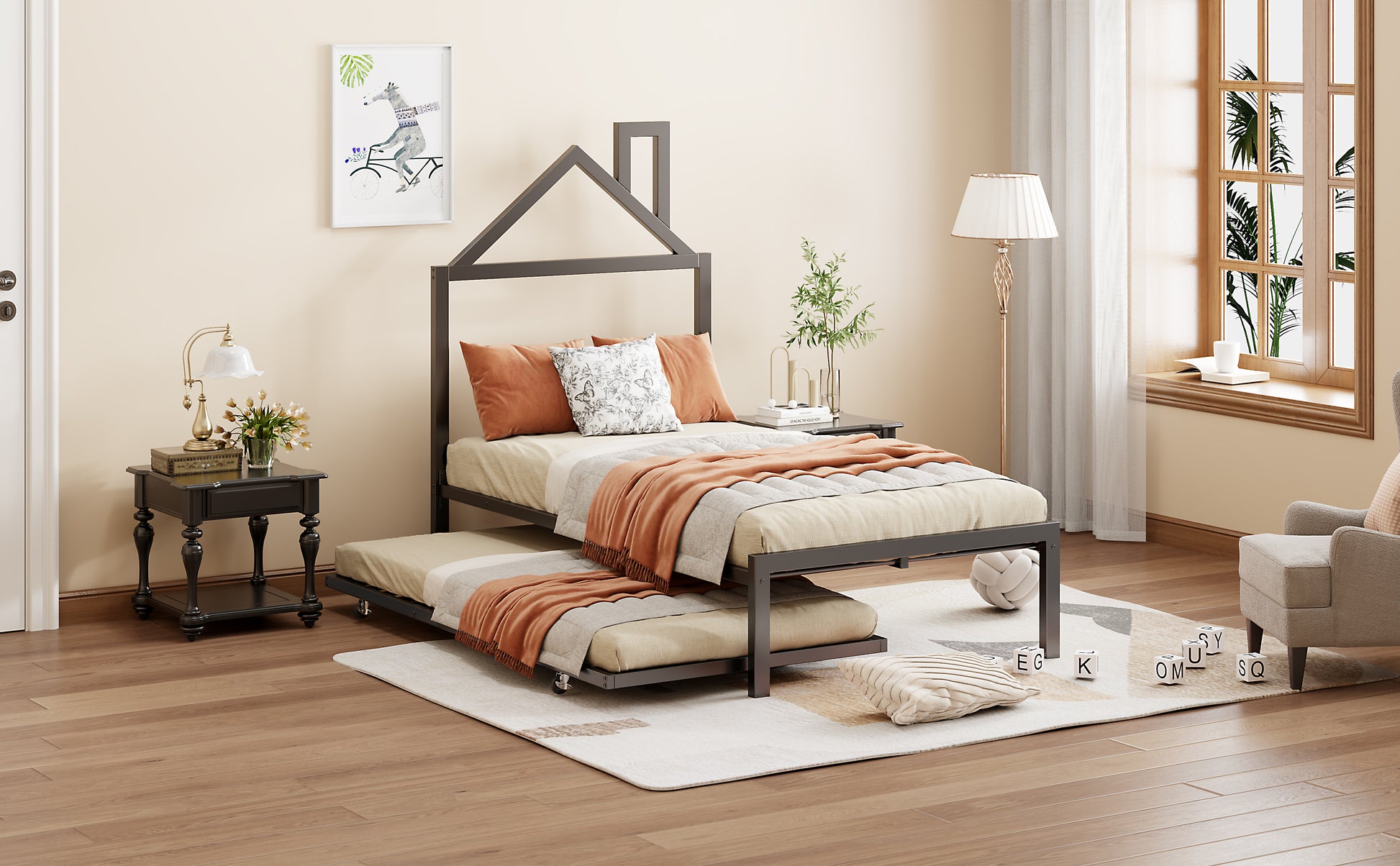 Twin Size Metal Platform Bed With Twin Size Trundle,House Shaped Headboard Design, Black Twin Black Metal