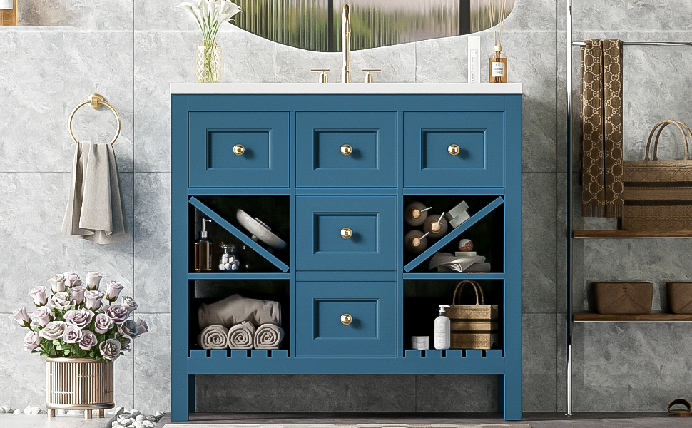 36'' Bathroom Vanity With Resin Sink Combo, Solid Wood Frame Bathroom Storage Cabinet, Freestanding Vanity Set With 5 Drawers& Soft Closing Doors Same As N710S136001C Blue Bathroom Solid Wood Mdf Resin