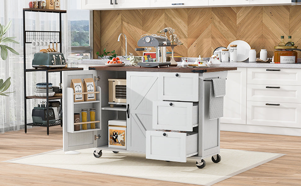 K&K 54.5" Farmhouse Kitchen Island With Power Outlet, Kitchen Storage Island With Internal Storage Rack, Drop Leaf, Spice Rack, Rolling Kitchen Cart On Wheels, For Home, Kitchen And Dining
