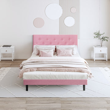 Full Size Upholstered Platform Bed Frame With Modern Button Tufted Linen Fabric Headboard, No Box Spring Needed, Wood Slat Support, Easy Assembly, Pink Full Pink Linen
