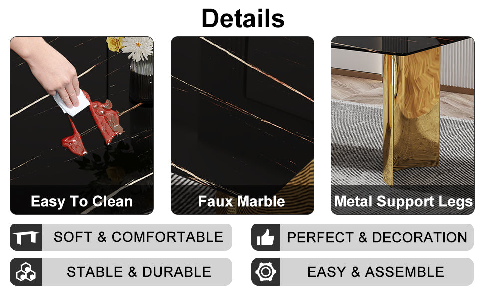 Table And Chair Set.The Table Has A Glass Top With Imitation Marble Pattern Stickers And Stainless Steel Golden Legs. Paried With Chairs With Pu Artificial Leather Backrest Cushions And Black Legs. Black Gold Seats 8 Glass Metal
