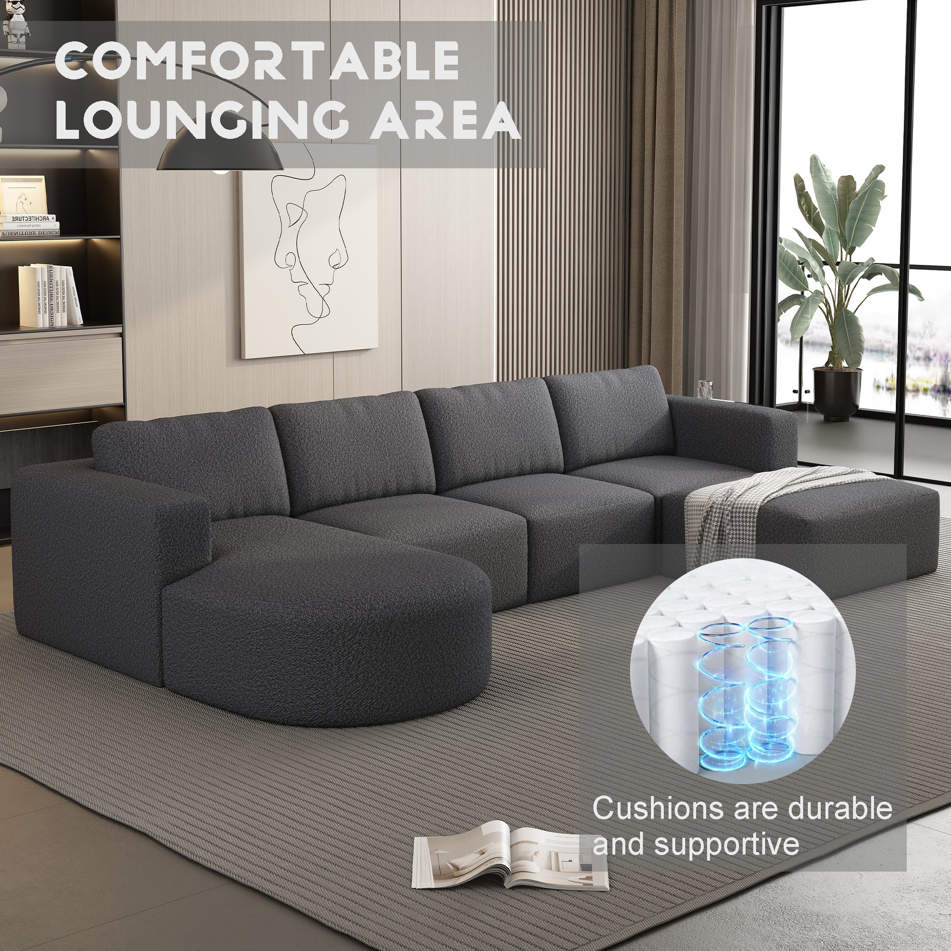 104.32*70.86 Modular Sectional Sofa Sleeper Couch, Sectional Sofa With Chaise And Ottoman, Convertible U Shaped Modular Sofa Set. Compressed Sponge, Dark Grey Combo A B C D Dark Grey Primary Living Space Soft Minimalist,Modern Foam Spring 5 Seat