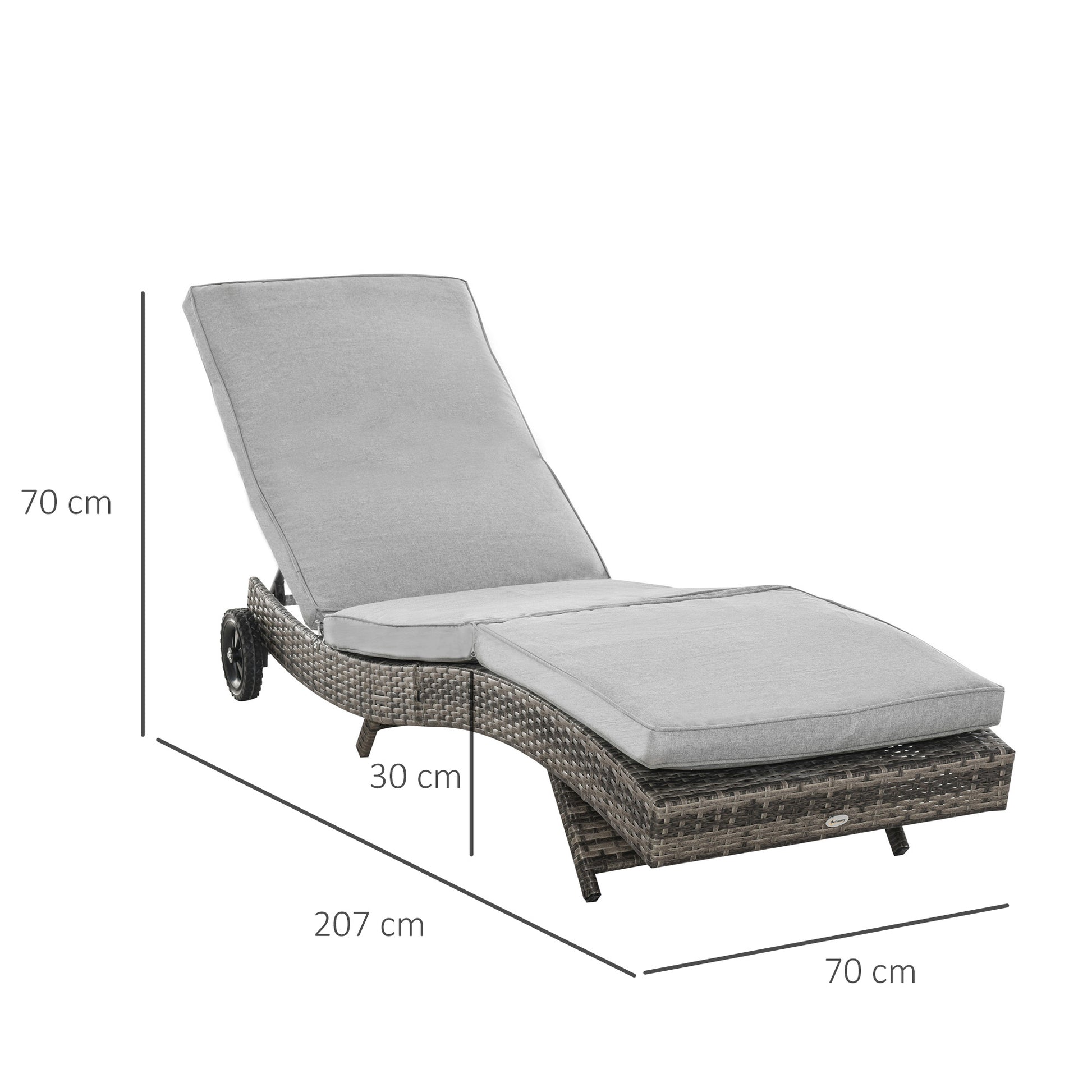Outsunny Chaise Lounge Pool Chair, Outdoor Pe Rattan Cushioned Patio Sun Lounger W 5 Level Adjustable Backrest & Wheels For Easy Movement, Wicker, Mixed Gray Gray Steel