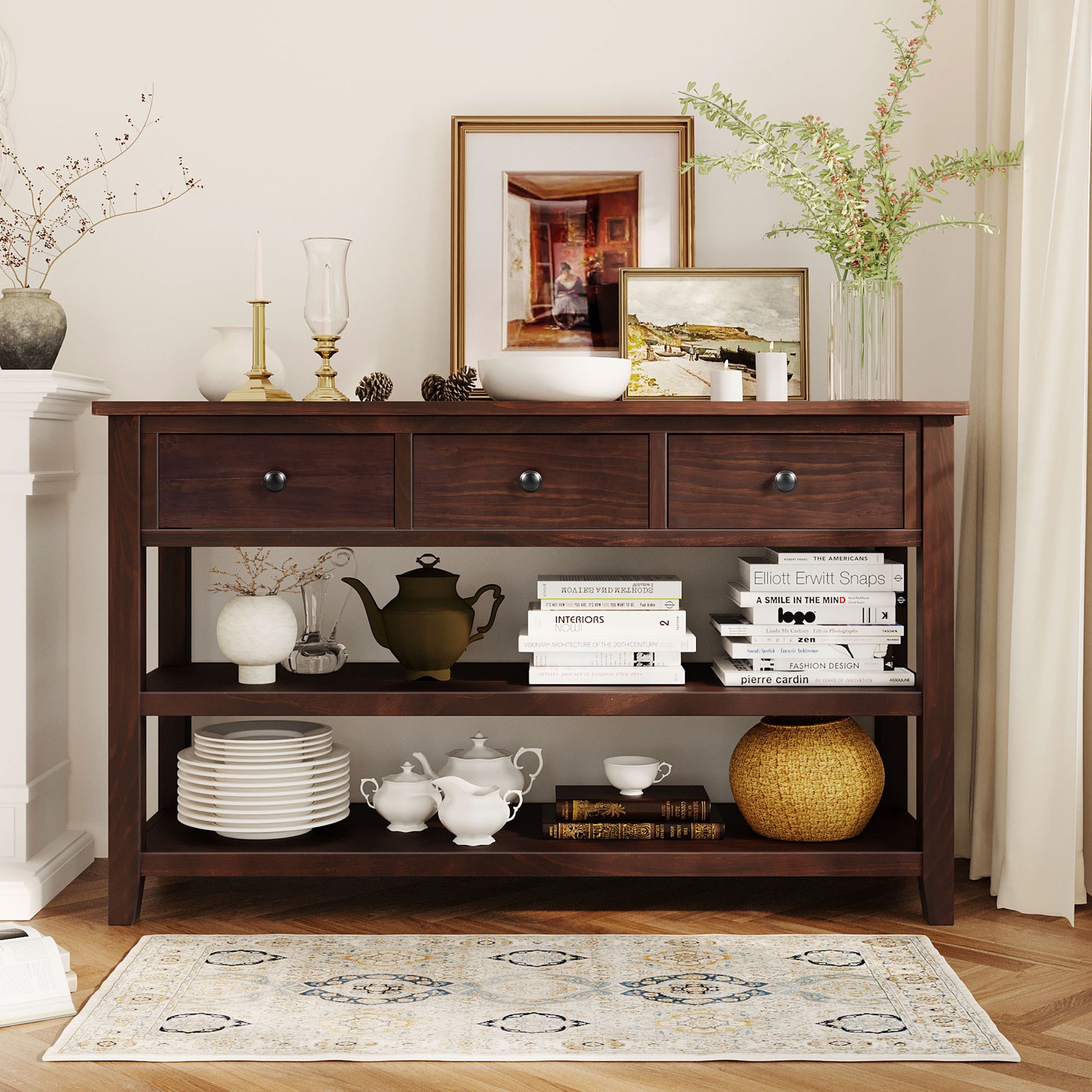Retro Design Console Table With Two Open Shelves, Pine Solid Wood Frame And Legs For Living Room Espresso Espresso Solid Wood Mdf