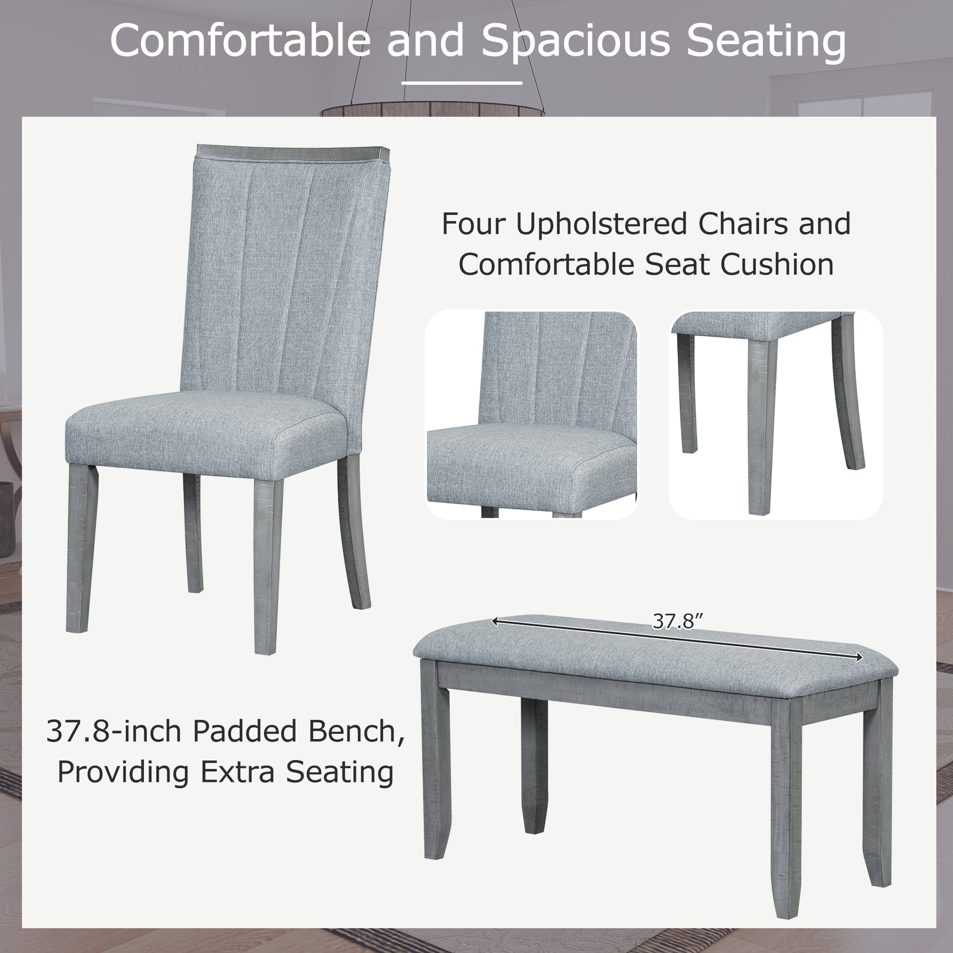 Contemporary 6 Piece 78Inch Extendable Pedestal Dining Table Set With 18Inch Removable Leaf And Dining Bench, 4 Upholstered Dining Chairs, Gray Gray Wood Dining Room Solid Wood Rubberwood Rectangular Dining Table With Chair And Bench Upholstered Chair