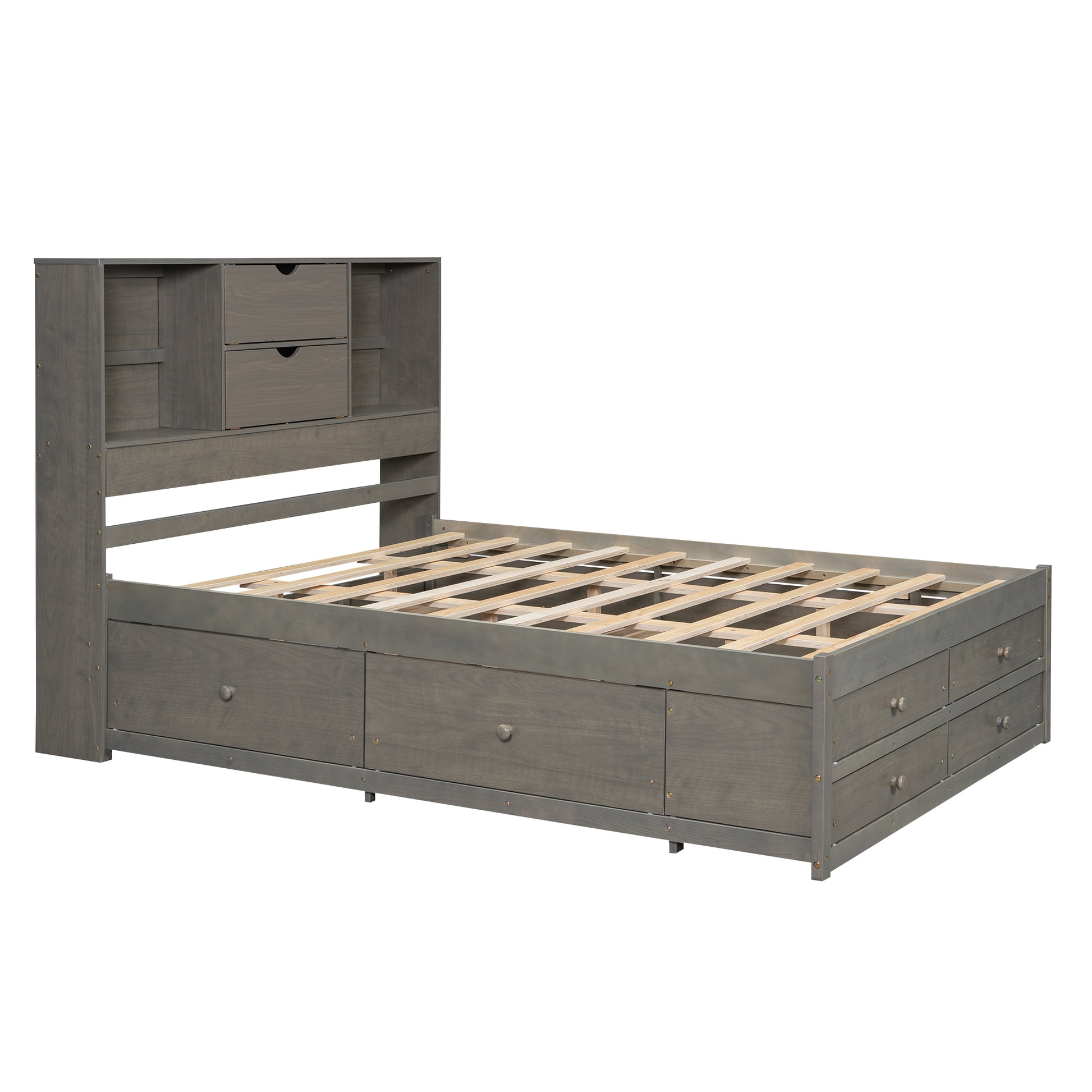 Queen Size Platform Bed With Storage Headboard And 8 Drawers, Gray Box Spring Not Required Queen Gray Wood Bedroom Bed Frame Solid Wood Mdf
