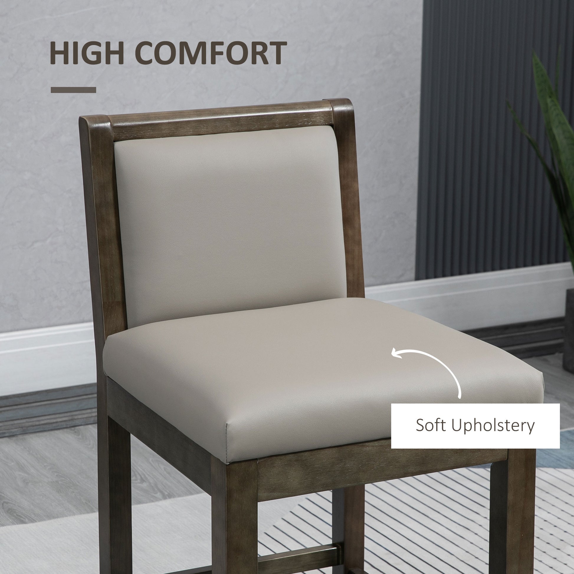 Homcom 25.5" Counter Height Bar Stools Set Of 2, Pu Leather Kitchen Stool, Upholstered Bar Chairs With Back, Wood Legs, Grey Grey Rubber Wood