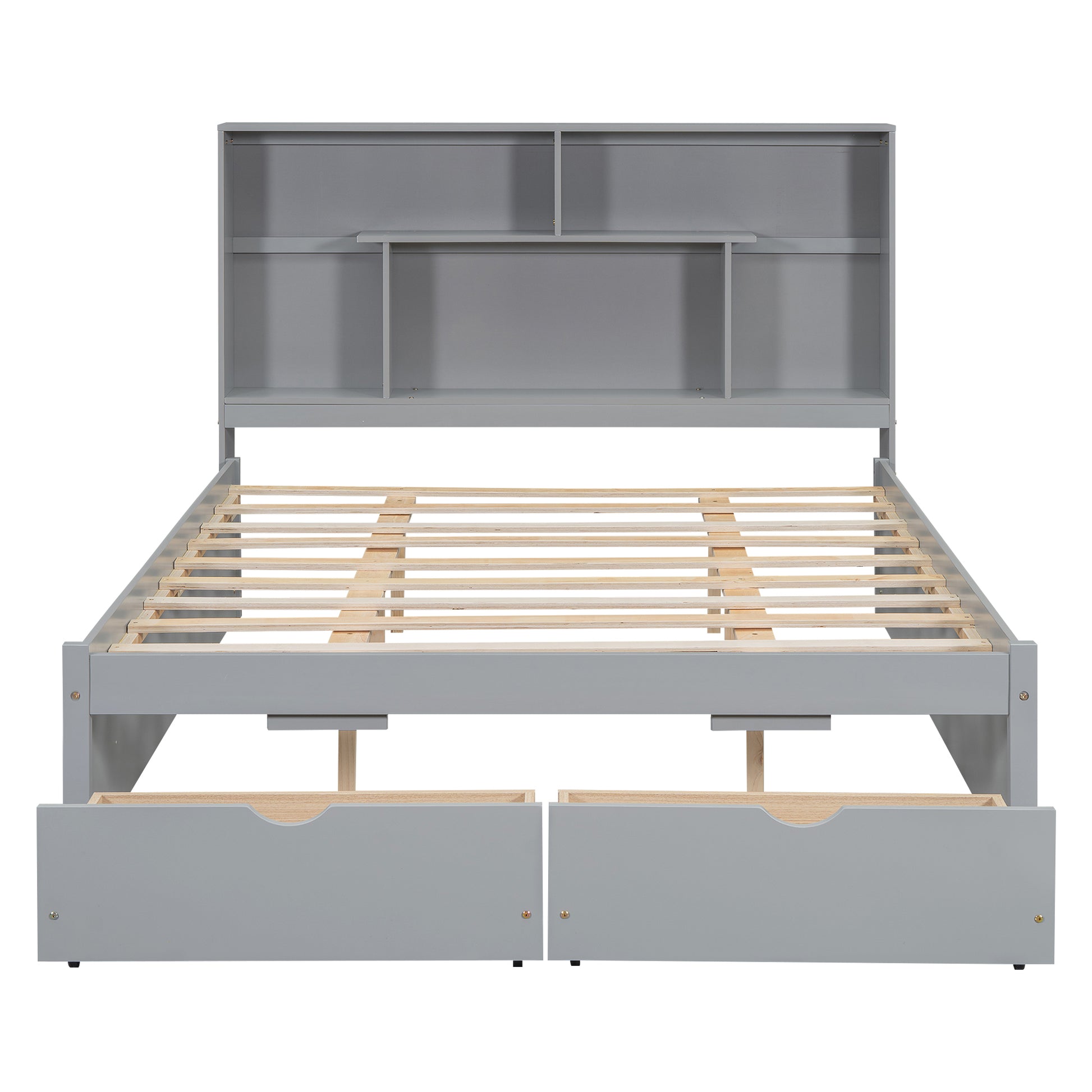 Queen Size Platform Bed With Storage Headboard And 2 Drawers, Gray Box Spring Not Required Queen Gray Wood Bedroom Bed Frame Solid Wood Mdf