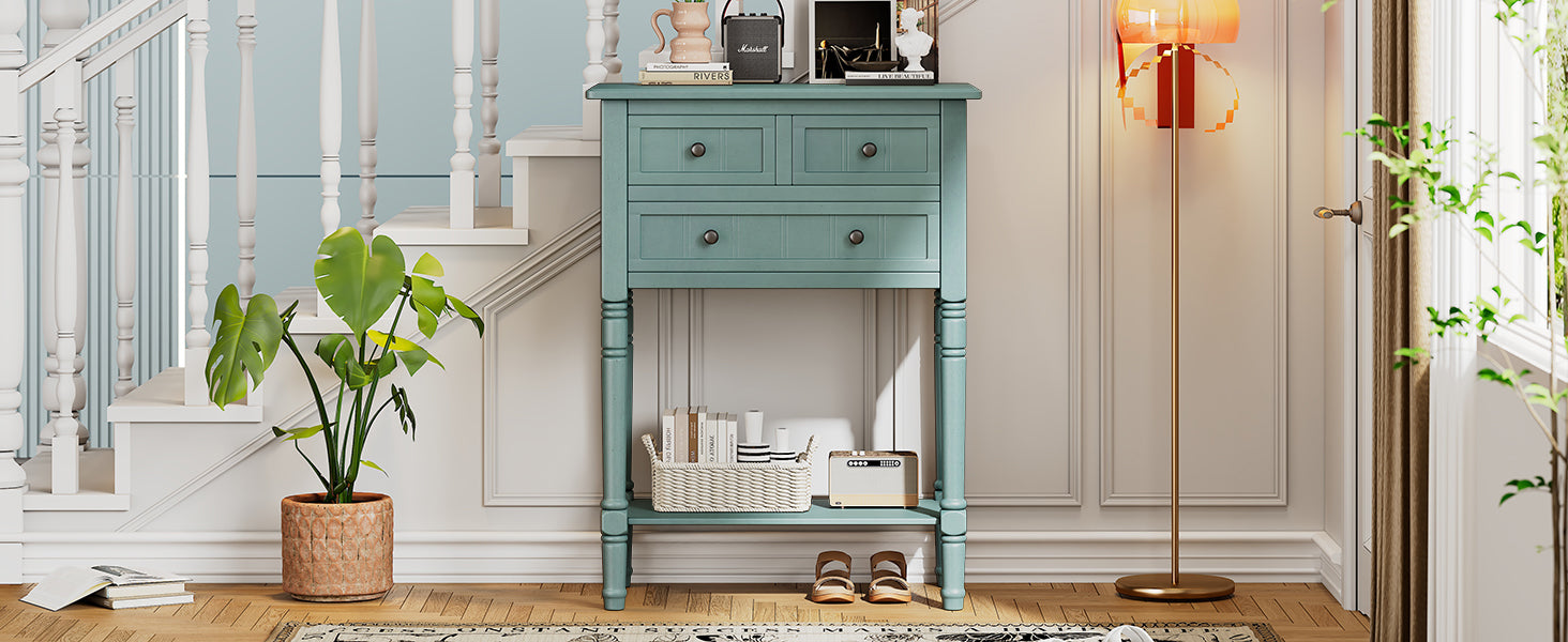 Narrow Console Table, Slim Sofa Table With Three Storage Drawers And Bottom Shelf Light Blue Light Blue Solid Wood Mdf