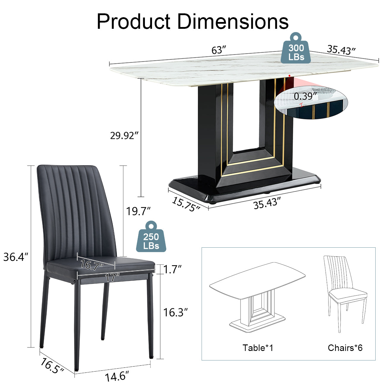 Modern Dining Table Set, 7 Piece Faux Marble Kitchen Table For 6 8, Glass Rectangular Dining Room Table With U Shaped Table Legs, Dining Table & 6 Chairs Metal Black Rectangular Mdf Glass