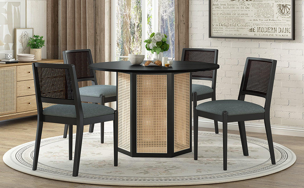 5 Piece Rattan Round Dining Table Set, Wood Table With Hexagonal Base And Upholstered Chairs For Dining Room, Kitchen,Indoor Use, Black Gray Wood Dining Room Solid Wood Rubberwood Round Dining Table With Chair Wood Wood Black Seats 4 Traditional Round