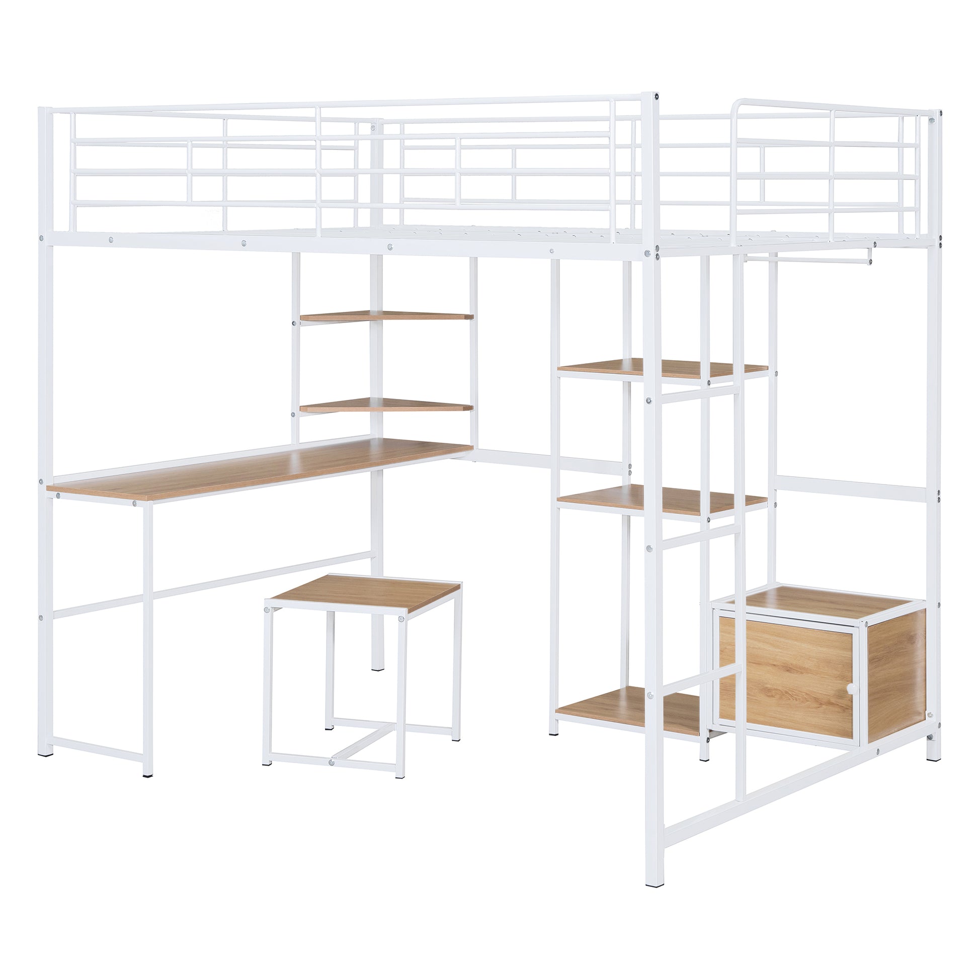 Full Size Loft Bed With Desk And Stool, Metal Loft Bed With Open Style Wardrobe, Shelves And Cabinet, White Full White Metal & Wood