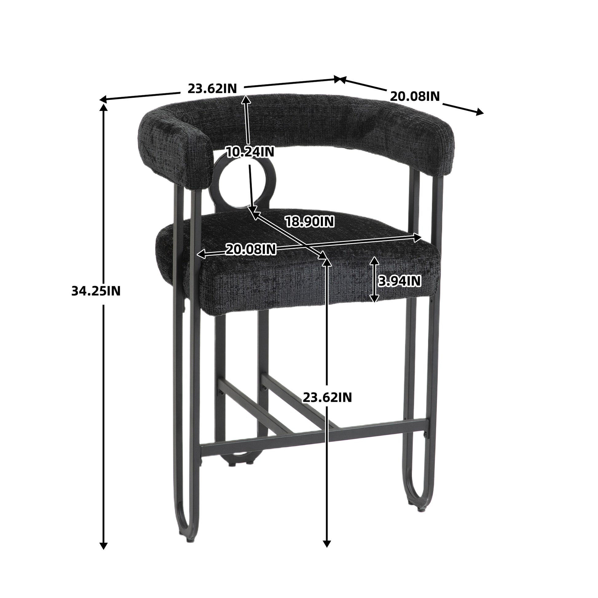 Coolmore Bar Stools Set Of 2, Modern Bar Stool With Back, Black Metal Frames, Upholstered Bar Stools For Kitchen Island, Pub, Club Black Chenille Black Dining Room Foam Chenille