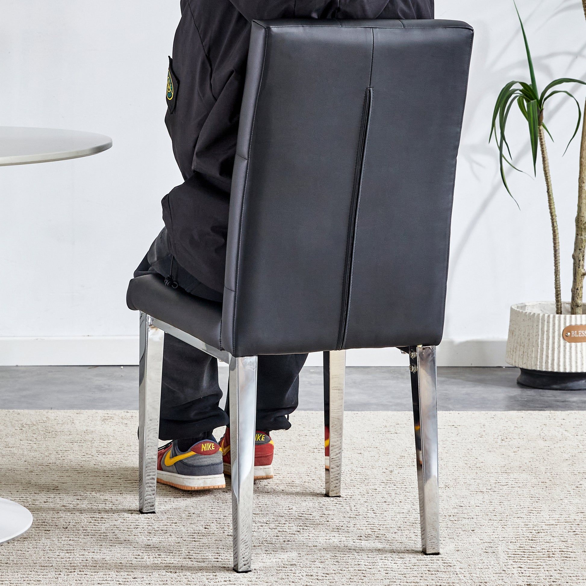 Table And Chair Set, Modern Dining Table, Tempered Glass Tabletop And Silver Colored Leg Table, Soft And Comfortable Dining Chair, Perfect For Dinner, Meetings, Home And Office Decor Black Glass