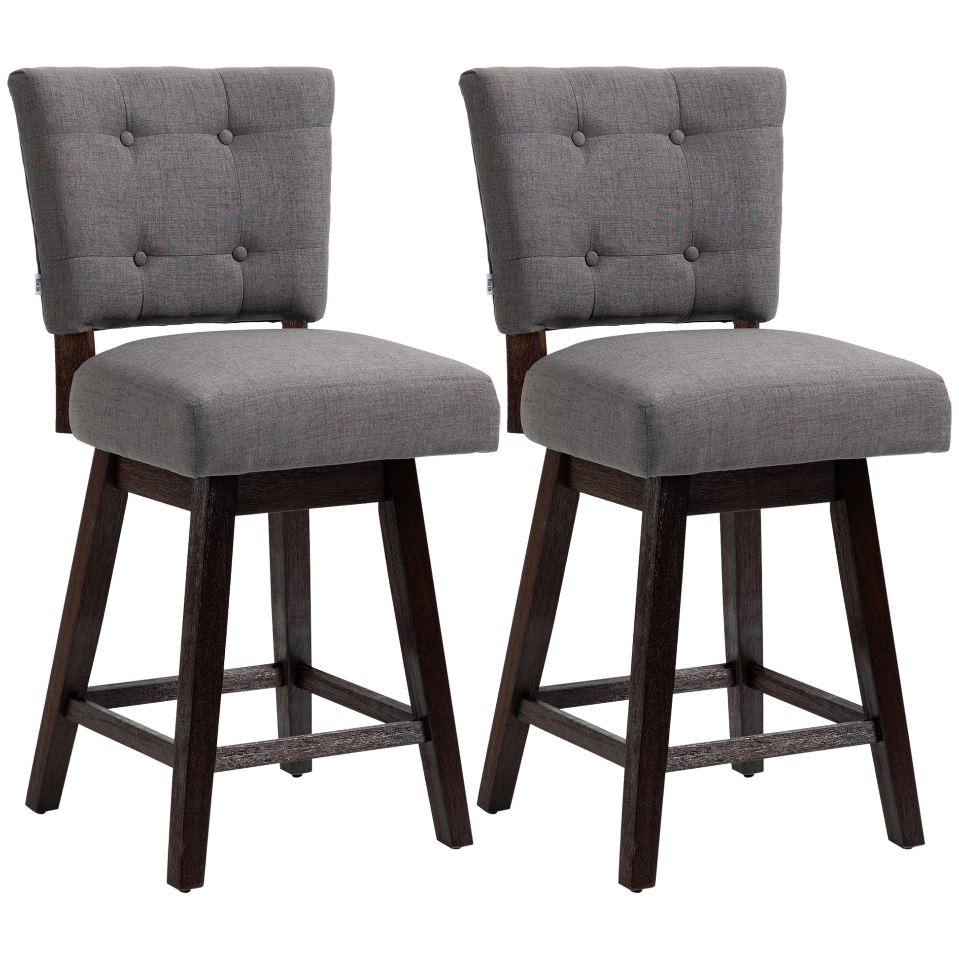 Homcom Counter Height Bar Stools Set Of 2, Fabric Tufted Swivel Barstools 26.5 Inch Seat Height With Rubber Wood Legs And Footrest For Dining Room, Kitchen, Pub, Grey Dark Grey Rubber Wood