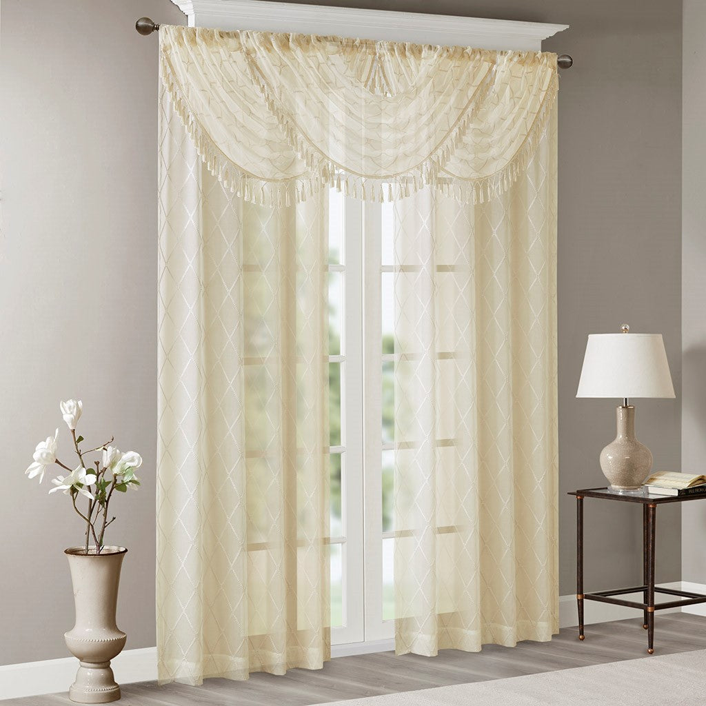 Diamond Sheer Embroidered Waterfall Valance Ivory 38X46" Ivory Polyester