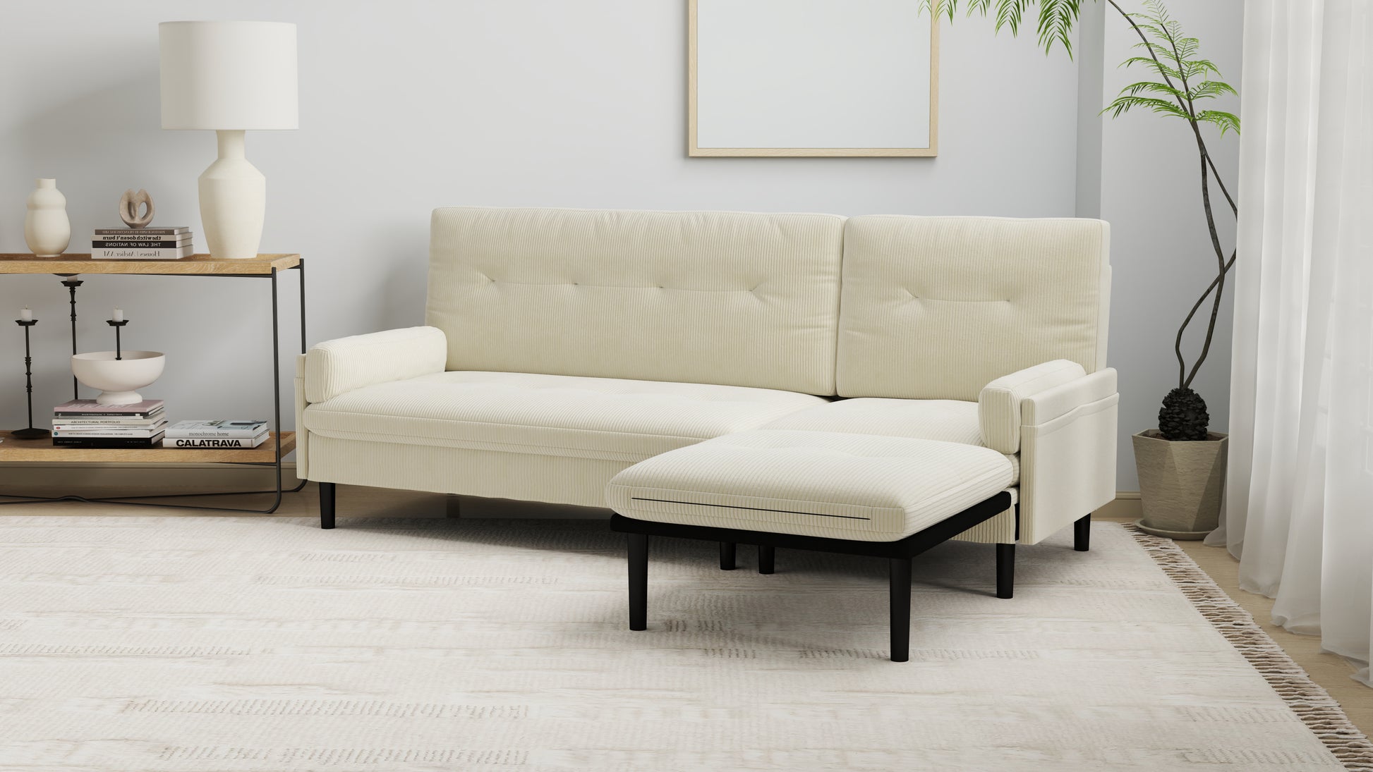 Ivory Corduroy Sectional Sofa: Convertible 3 Seater Sofa, L Shaped Sofa, And Bed Ivory Velvet Metal Primary Living Space Medium Soft Loose Back Pillow Top Arms Foam Fabric Metal 3 Seat