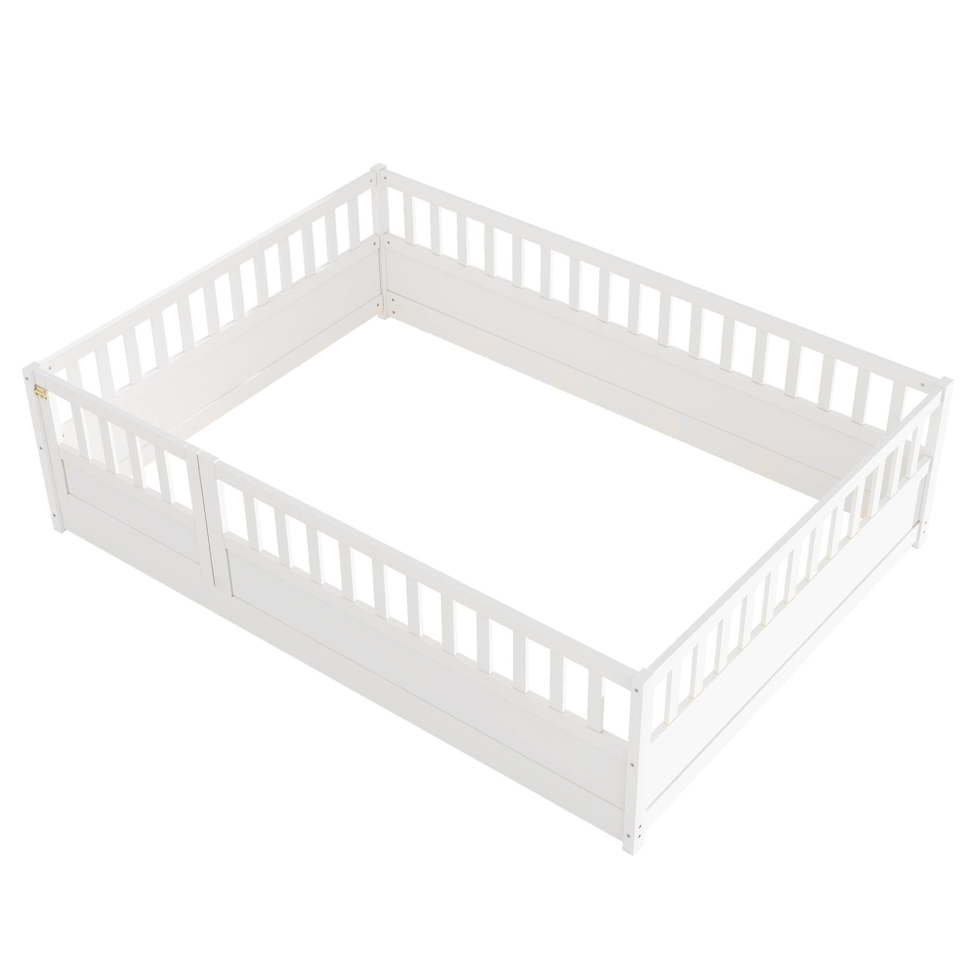 Full Size Floor Bed, Integral Construction With Super High Security Barrier, Door, Children'S Floor Bed Frame, Montessori Wooden Children'S Floor Bed, White Box Spring Required Full White Wood Brown