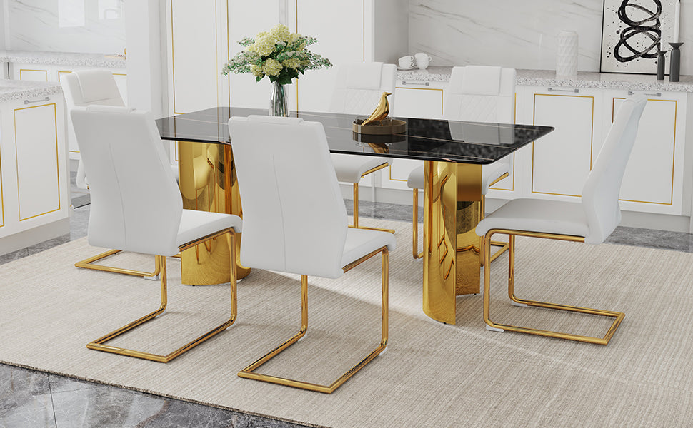 Table And Chair Set.The Table Has A Glass Tabletop With Imitation Marble Pattern Stickers And Stainless Steel Golden Table Legs. Paried With Comfortable Chairs With Pu Seats And Metal Legs. Gold Black Seats 6 Glass Metal