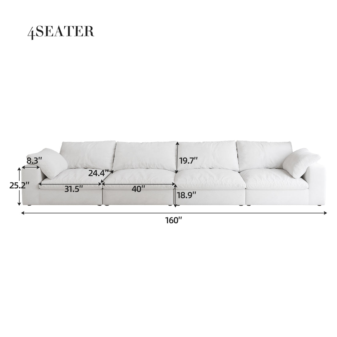 Cloud Modular Sectional Sofa With Thick Cushion 160", Wide 4 Seater Minimalist Sofa Couch,Convertible Couch Deep Seat Couches For Modern Living Room Sofa Sets For Office House 4Seaters White Fabric 4 Seat