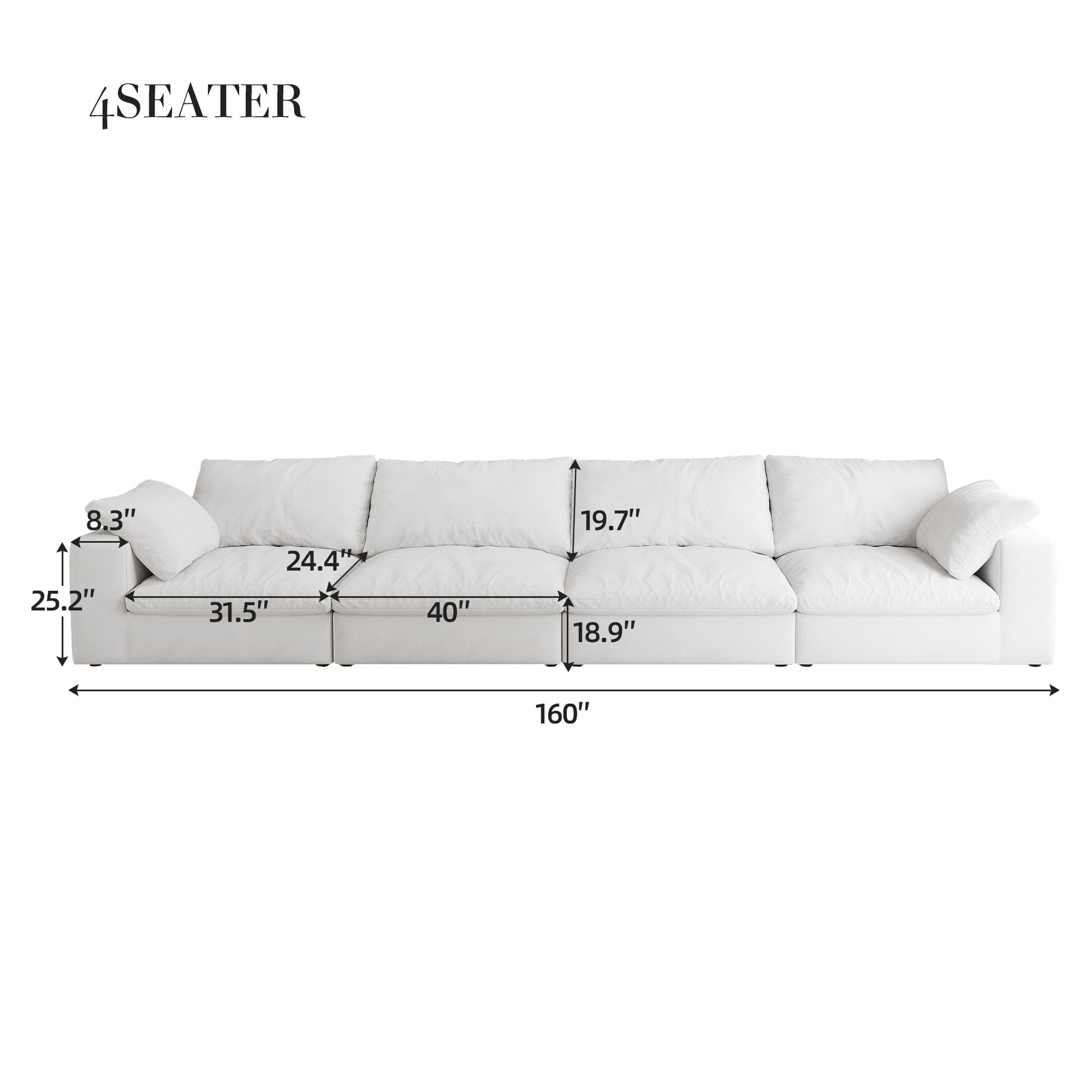 Cloud Modular Sectional Sofa With Thick Cushion 160", Wide 4 Seater Minimalist Sofa Couch,Convertible Couch Deep Seat Couches For Modern Living Room Sofa Sets For Office House 4Seaters White Fabric 4 Seat