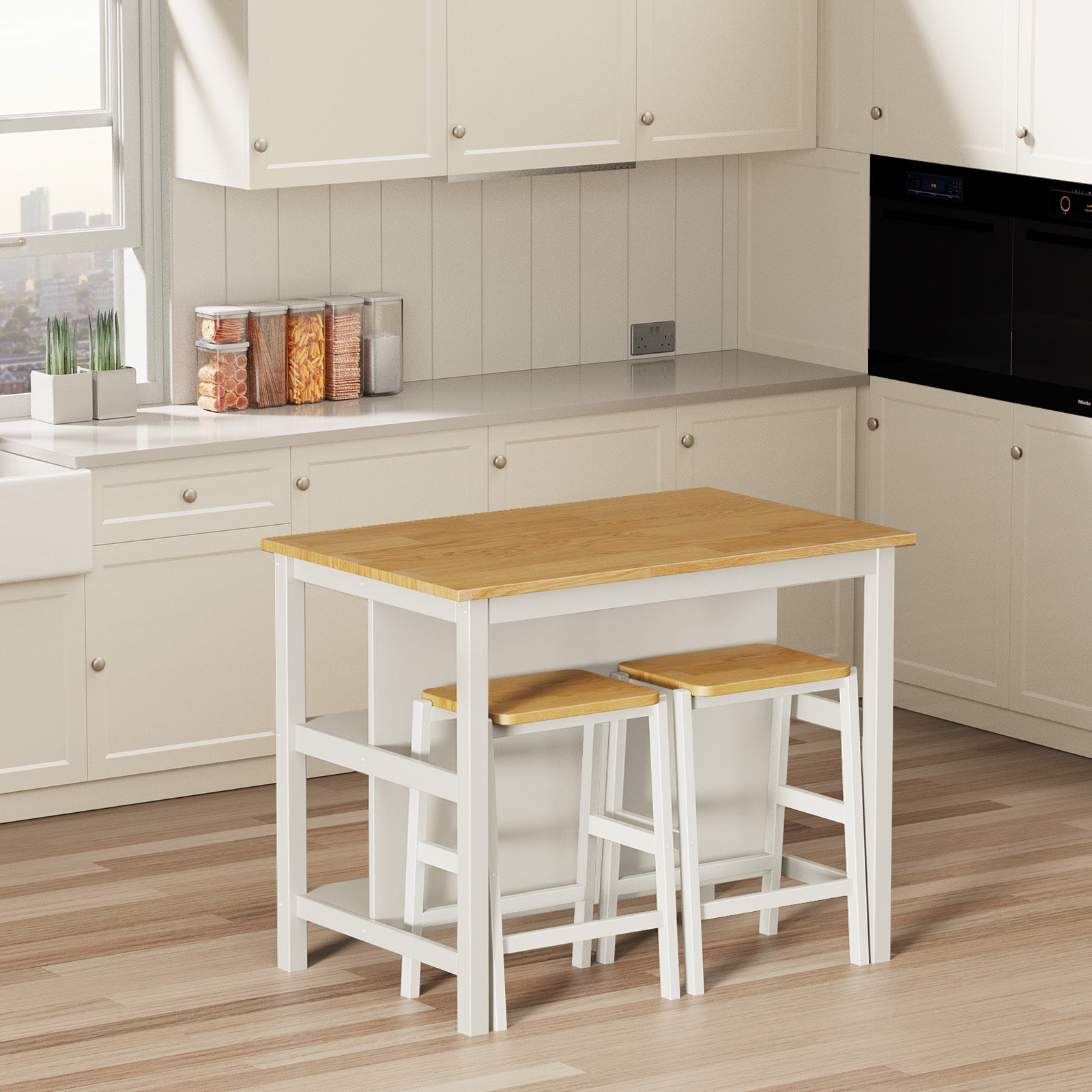 3 Pcs Dining Table Set Rustic Retro Breakfast Table Dining Stools Rubber Wood For 2 With Two Open Shelves For Small Space Kitchen Dining Room Cream White White Rubber Wood