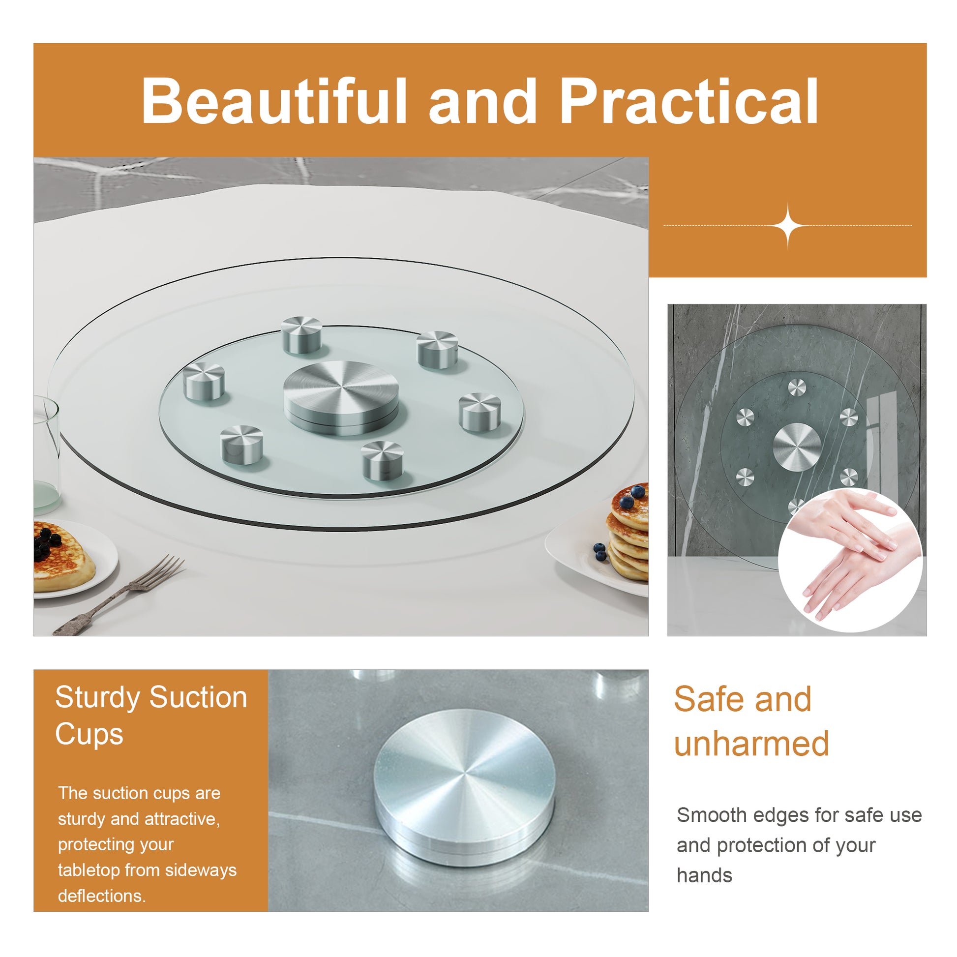 Double Layer Rotatable Round Glass.The Rotatable Design Makes It More Convenient To Retrieve And Place Items.The Upper Glass Has A Diameter Of 24 Inches, While The Lower Glass15 Inches. Transparent Glass