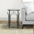 23 Inch Modern Side Table, Glass Top, Geometric Design, Set Of 2, Black Black Glass Metal
