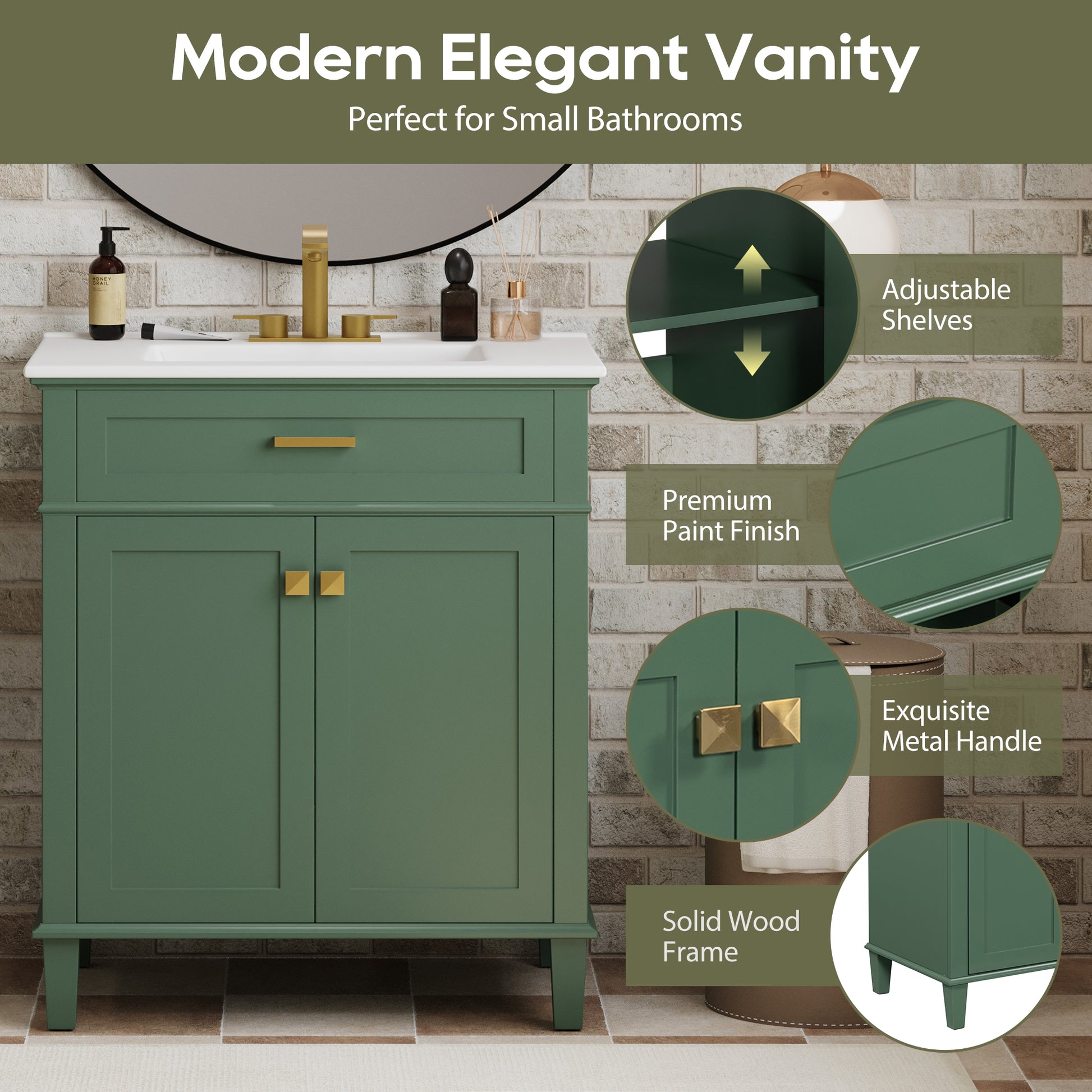 30 Inch Bathroom Vanity With Ceramic Basin, Soft Close Door And Adjustable Shelves Green Bathroom Solid Wood Mdf