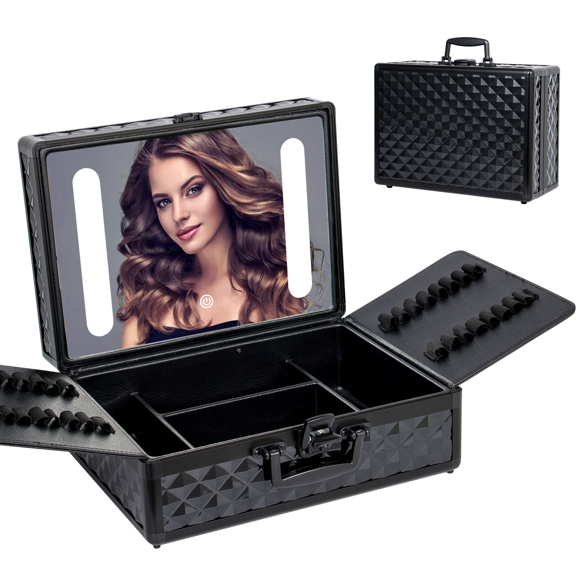 Portable Makeup Case With Led Mirror Travel Makeup Bag Cosmetic Organizer Box With Locks, Brush Holder, Dividers, Rechargeable, Black Black Aluminium Alloy