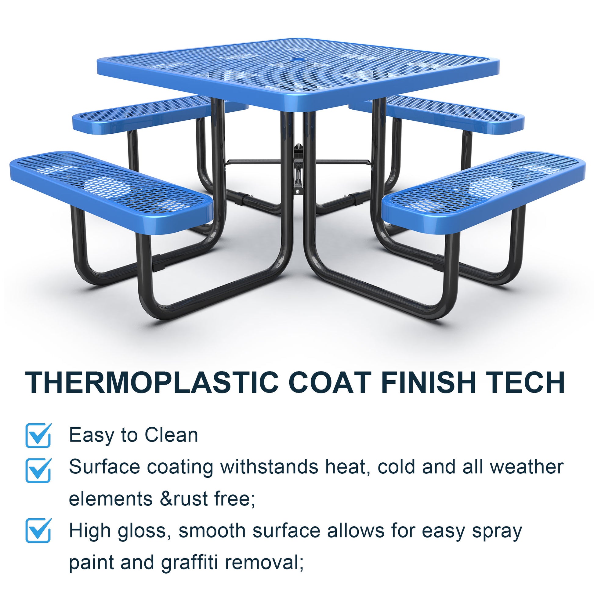 Square Outdoor Steel Picnic Table 46" With Umbrella Pole,Blue Blue Steel Steel