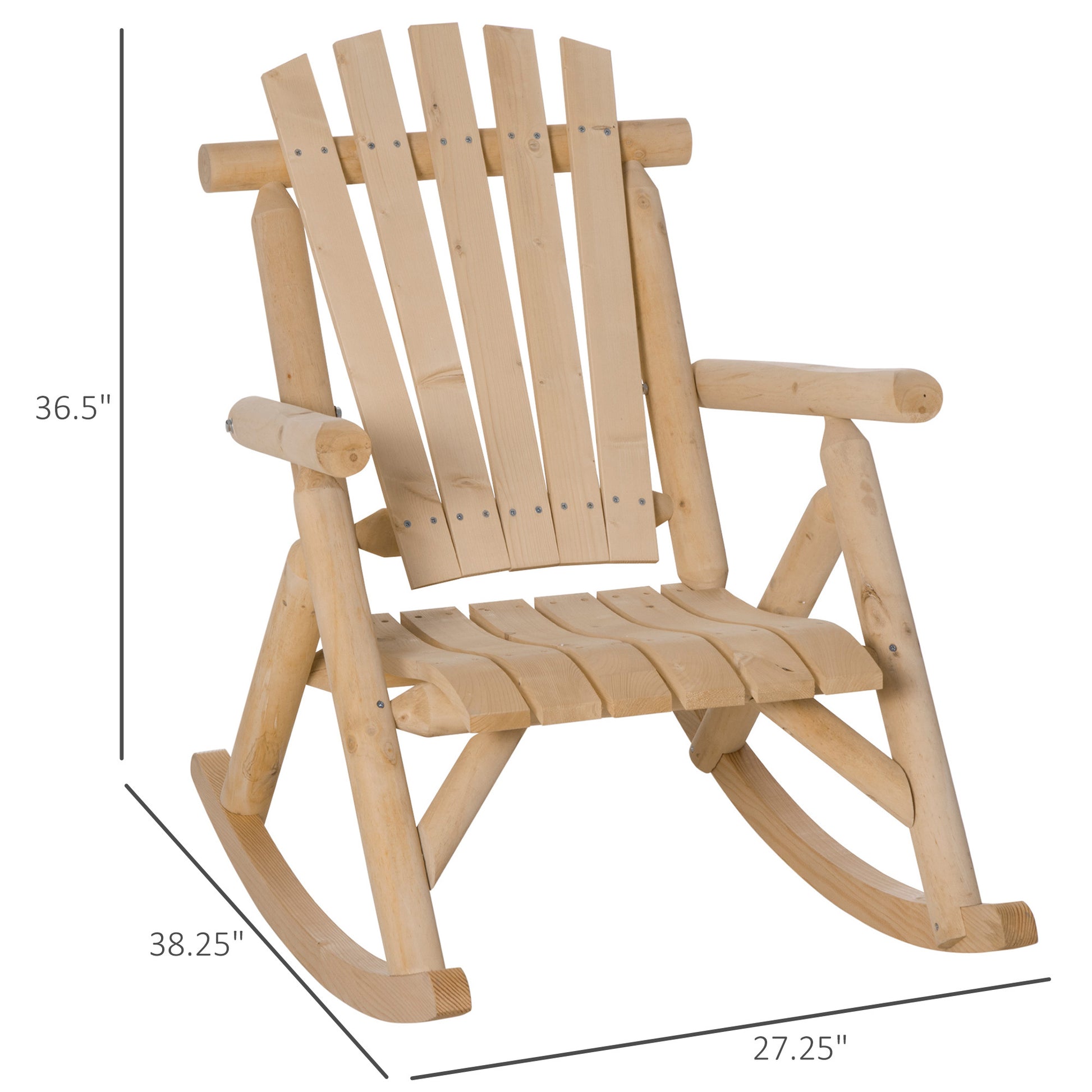 Outsunny Outdoor Wooden Rocking Chair, Single Person Rustic Adirondack Rocker With Slatted Seat, High Backrest, Armrests For Patio, Garden And Porch, Natural Natural Wood Wood